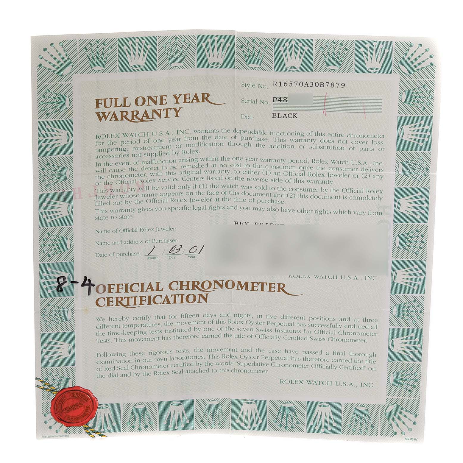 This image shows the warranty and certification document for the Rolex Explorer 16570 Men's Stainless Steel Black Dial 16570 Men's Stainless Steel Black Dial model.