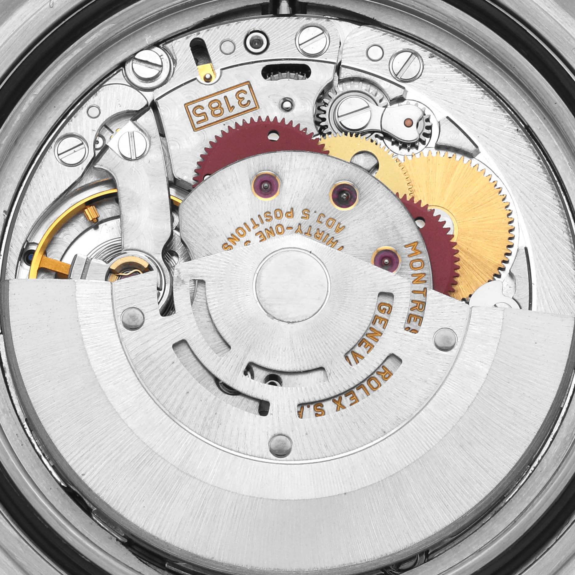 The image shows a close-up of the Rolex Explorer 16570T Men's Stainless Steel Black Dial 16570T Men's Stainless Steel Black Dial watch's movement, displaying gears and the rotor mechanism.