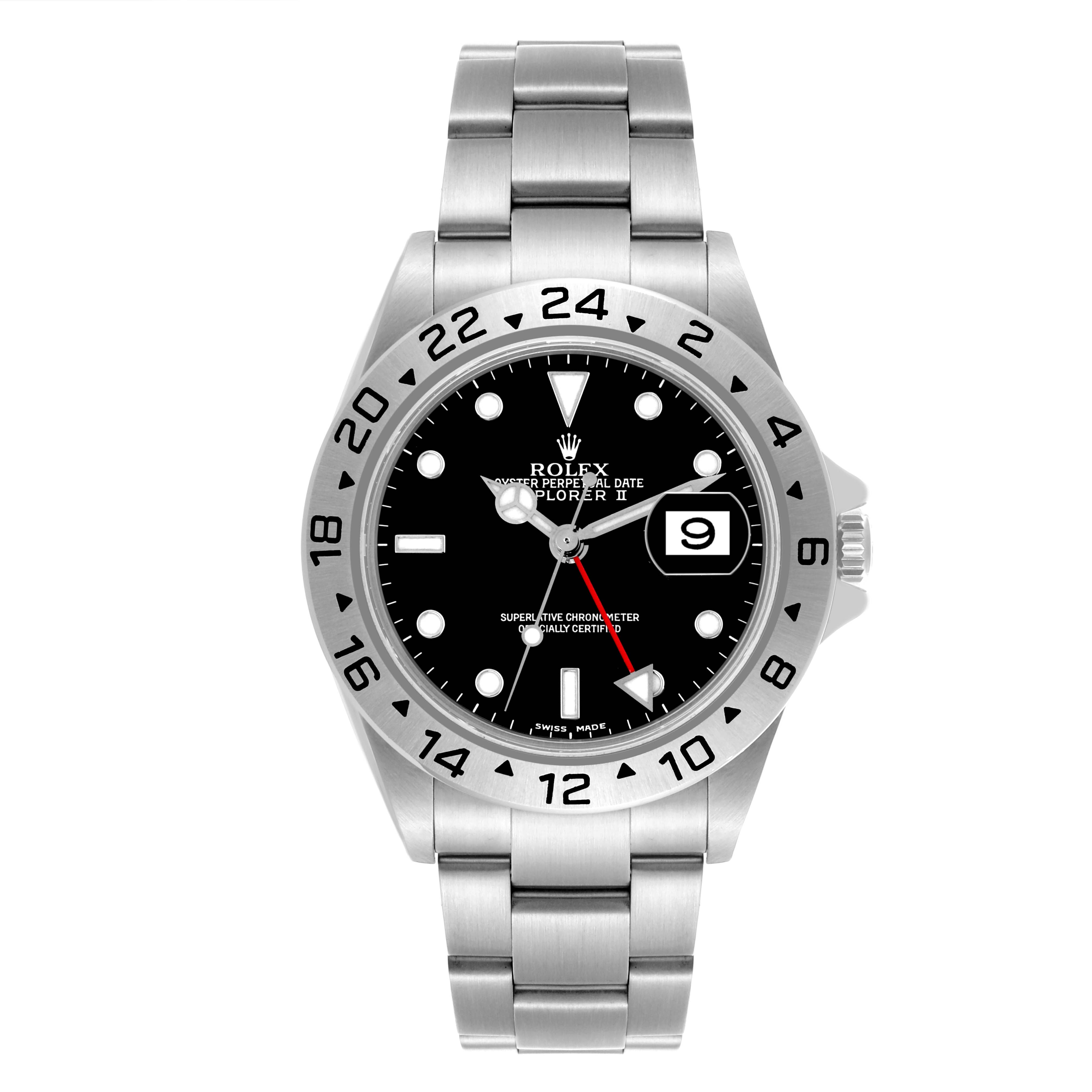 The Rolex Explorer 16570T Men's Stainless Steel Black Dial 16570T Men's Stainless Steel Black Dial watch is shown from the front, displaying the bezel, dial, hands, date window, and bracelet.