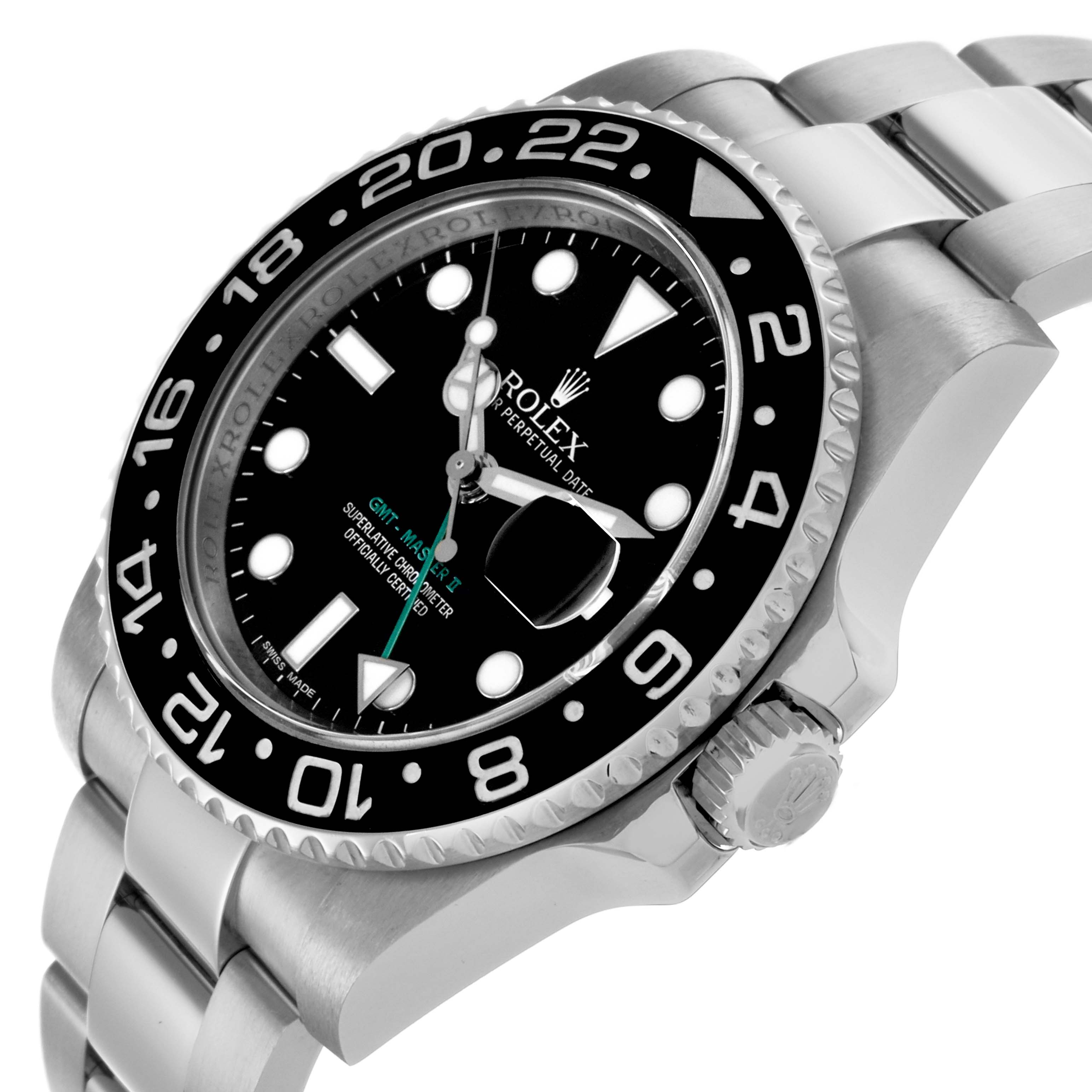 The Rolex GMT-Master 116710LN Men's Stainless Steel Black Dial 116710LN Men's Stainless Steel Black Dial watch is shown at a tilted angle, highlighting its bezel, dial, case, and part of the bracelet.