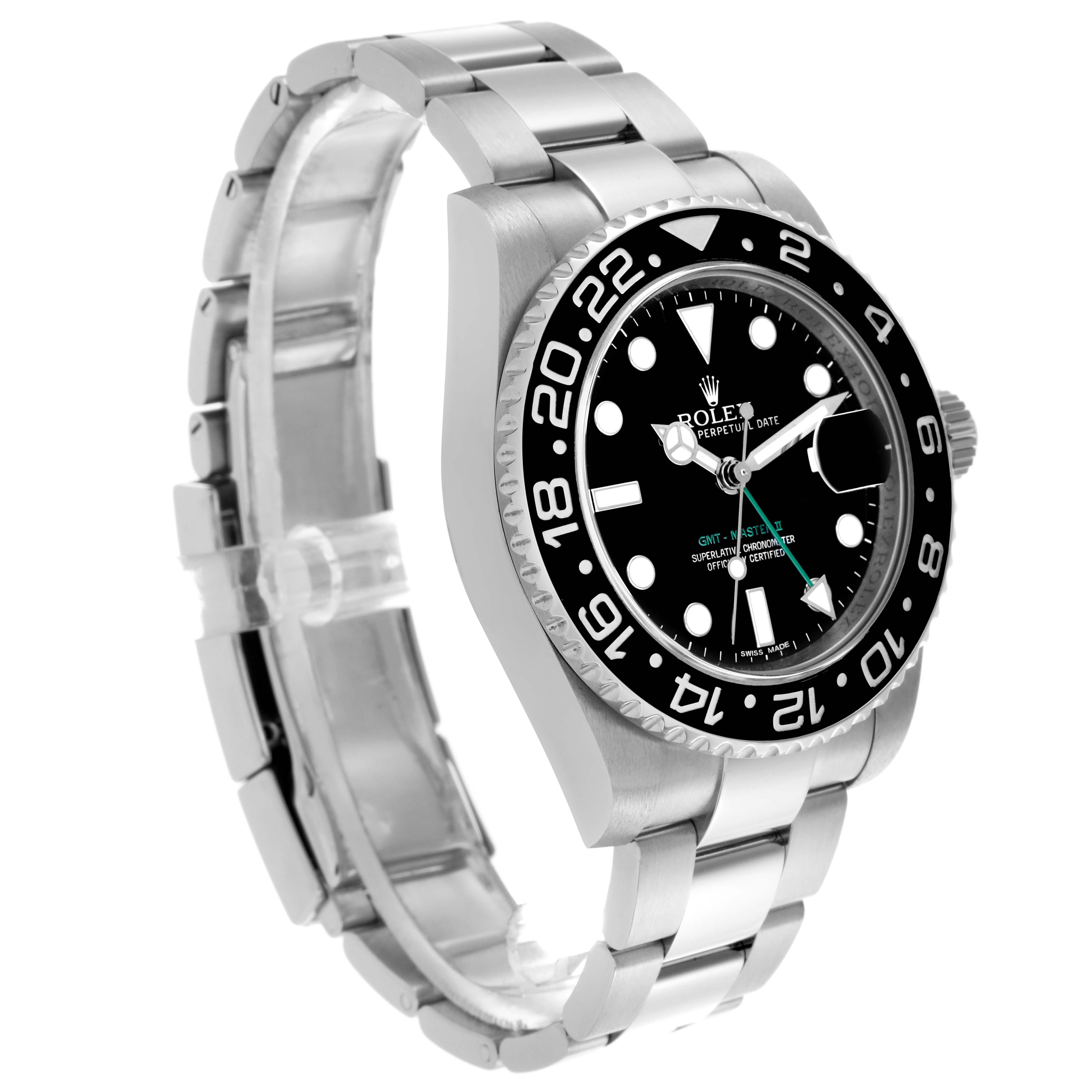 The Rolex GMT-Master 116710LN Men's Stainless Steel Black Dial 116710LN Men's Stainless Steel Black Dial watch is shown at a three-quarter angle, highlighting the bezel, dial, case, and bracelet.
