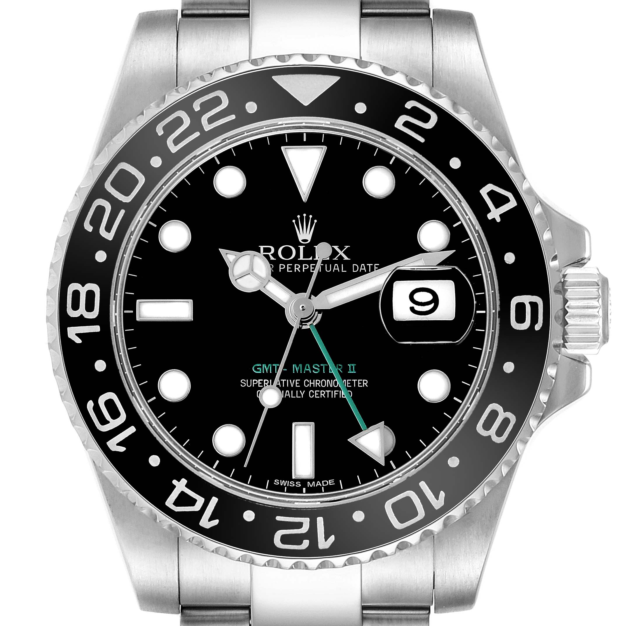 The image shows a front view of a Rolex GMT-Master 116710LN Men's Stainless Steel Black Dial 116710LN Men's Stainless Steel Black Dial II watch, highlighting the bezel, dial, hands, and bracelet.