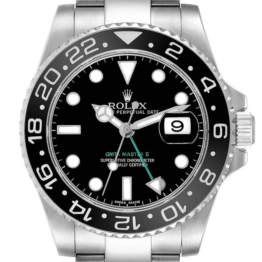 The image shows a front view of a Rolex GMT-Master II watch, highlighting the bezel, dial, hands, and bracelet.