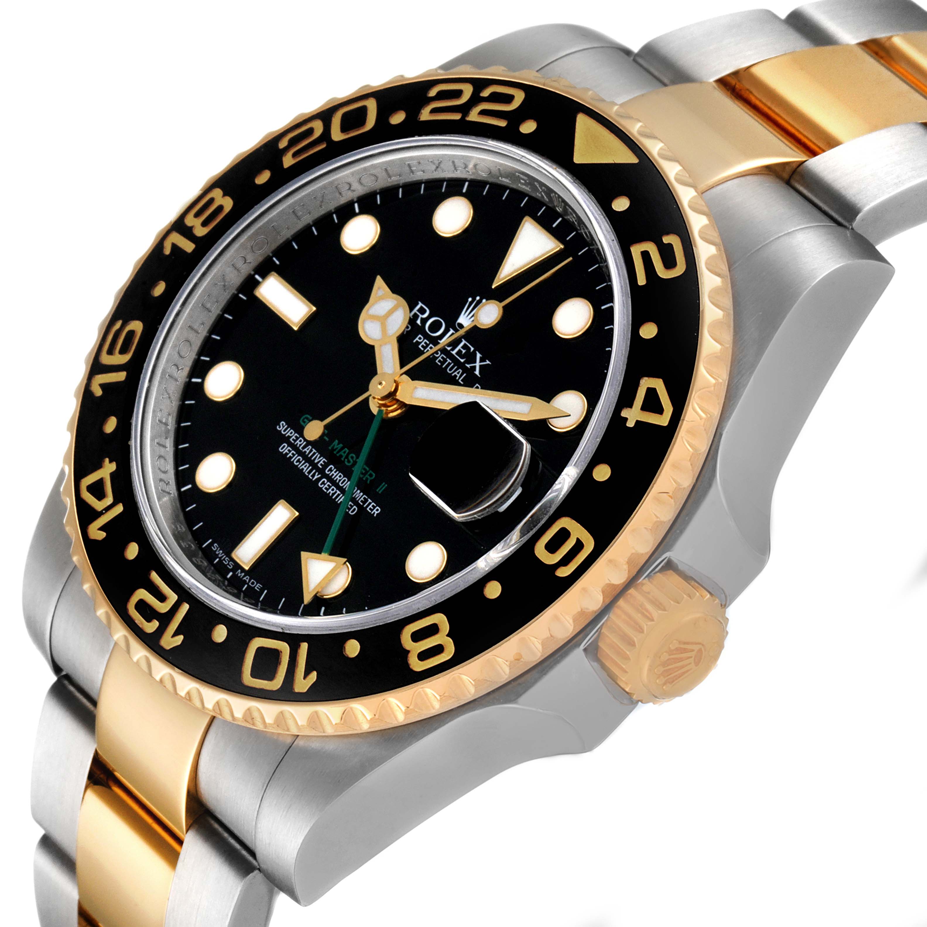 The image shows a Rolex GMT-Master 116713 Men's Steel and Gold (two tone) Black Dial 116713 Men's Steel and Gold (two tone) Black Dial watch at an angle highlighting its bezel, crown, dial, and bracelet.