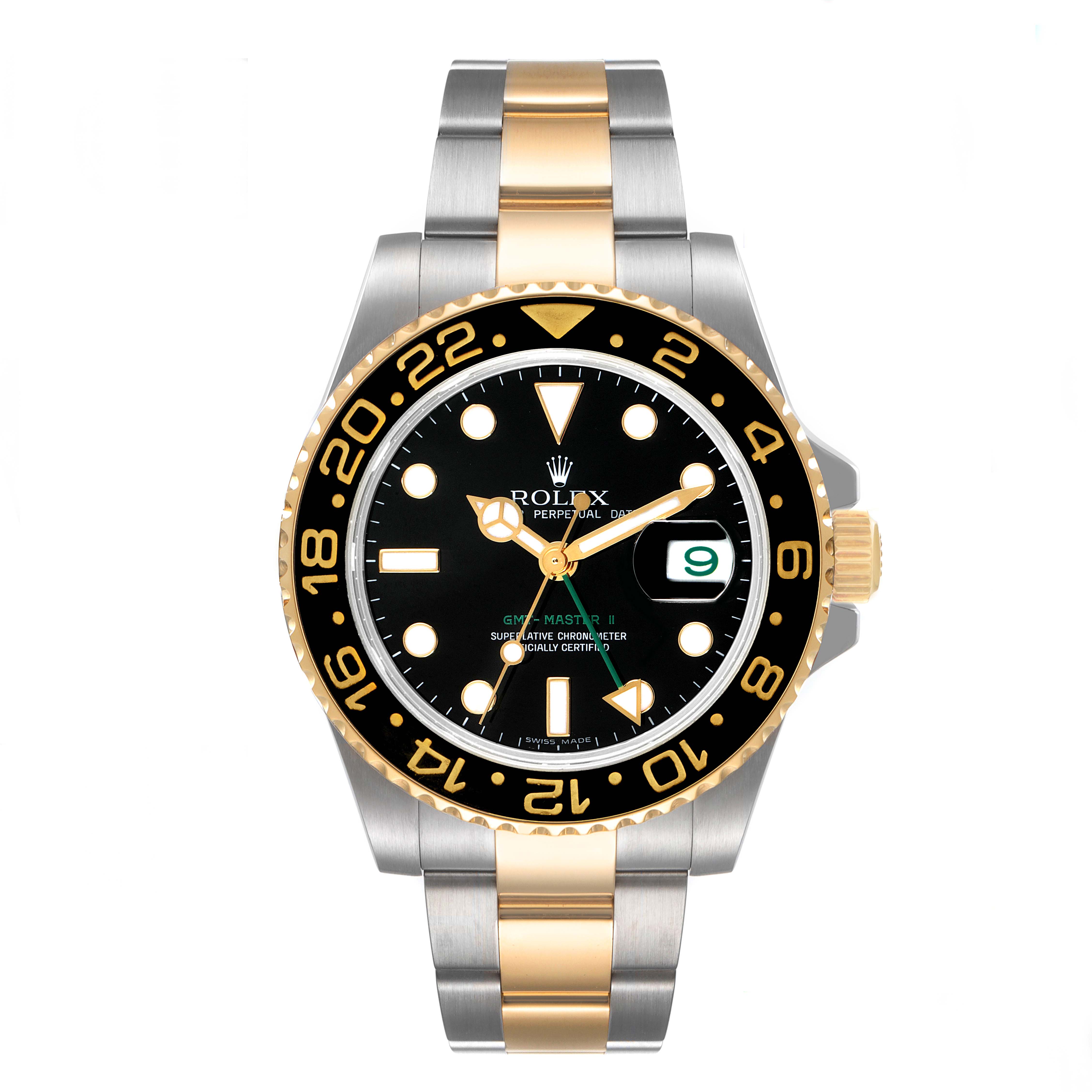 The Rolex GMT-Master 116713 Men's Steel and Gold (two tone) Black Dial 116713 Men's Steel and Gold (two tone) Black Dial model watch is shown from a front angle, featuring a two-tone bracelet and a black bezel with gold lettering.