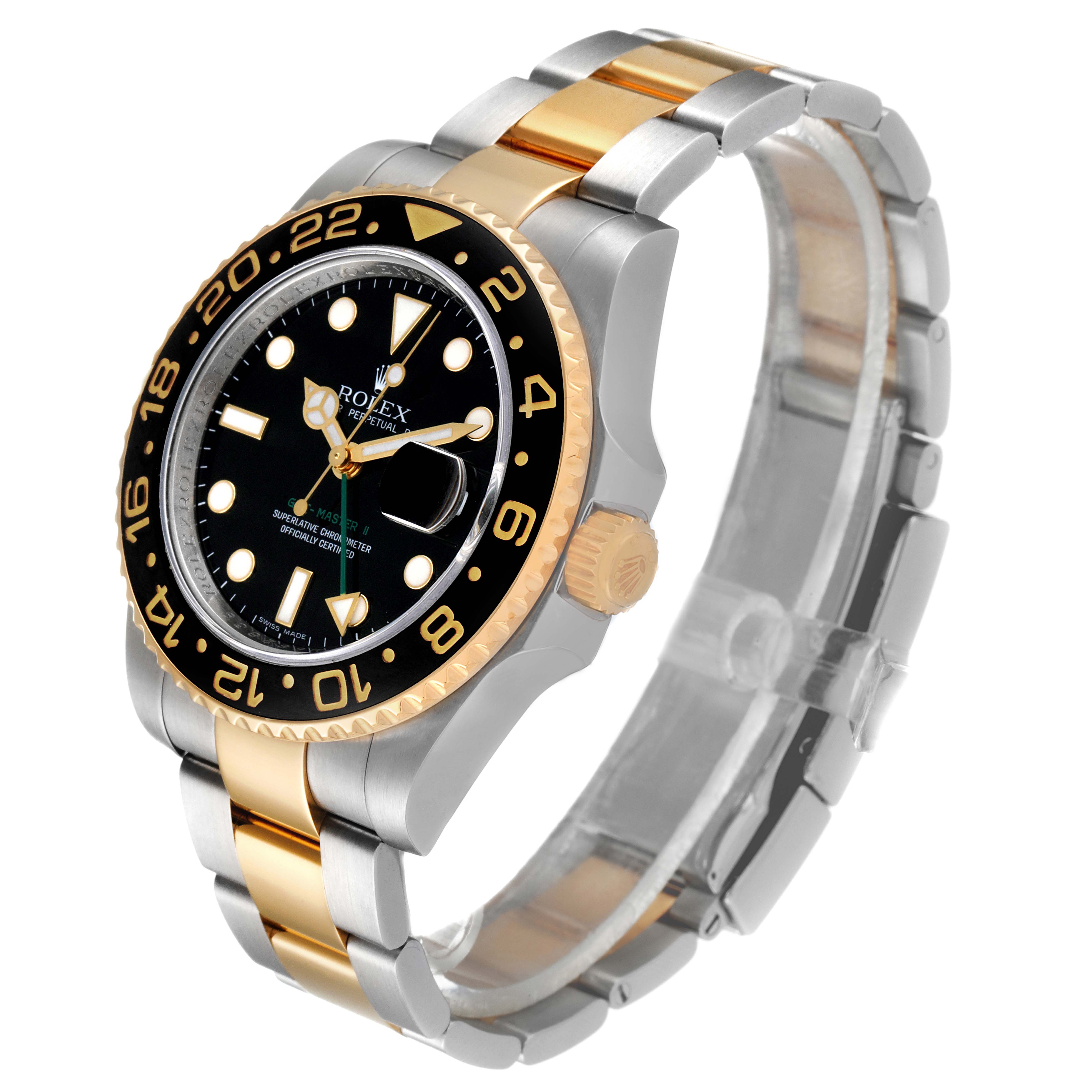The image shows a Rolex GMT-Master 116713 Men's Steel and Gold (two tone) Black Dial 116713 Men's Steel and Gold (two tone) Black Dial watch angled from the front-left, highlighting its face, bezel, crown, and two-tone bracelet.