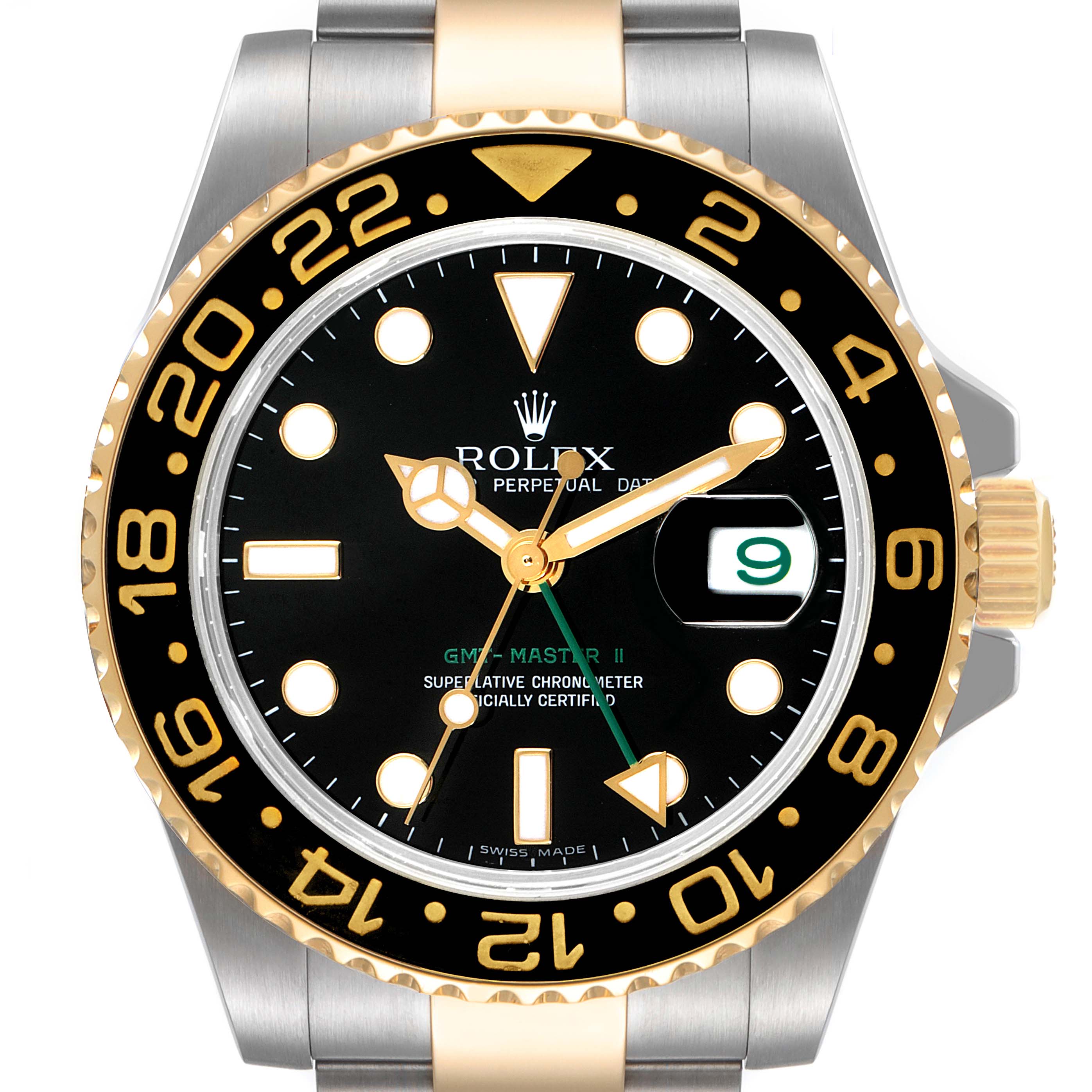 The image shows the front view of a Rolex GMT-Master 116713 Men's Steel and Gold (two tone) Black Dial 116713 Men's Steel and Gold (two tone) Black Dial II watch, highlighting its bezel, dial, and bracelet.