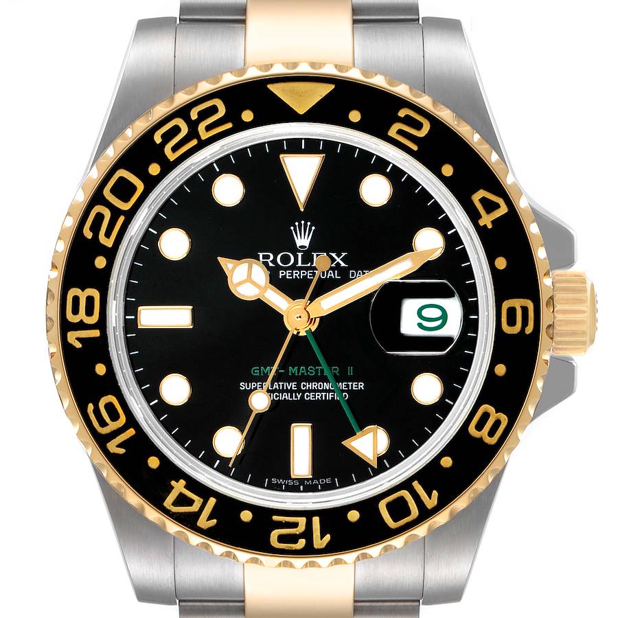 Rolex GMT Master II Yellow Gold Steel Black Dial Mens Watch 116713 SwissWatchExpo