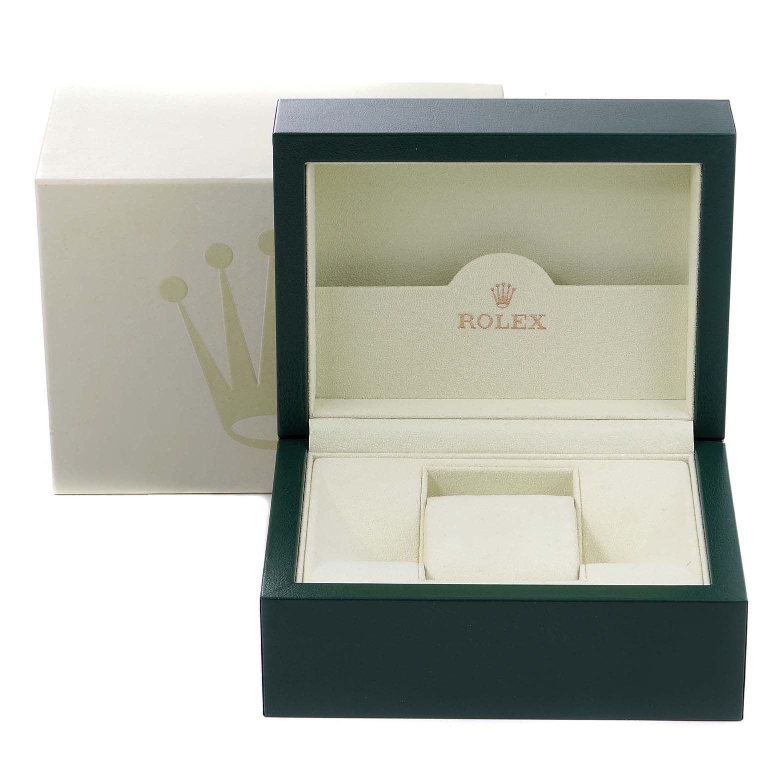 The image shows an open Rolex GMT-Master 116713 Men's Steel and Gold (two tone) Black Dial 116713 Men's Steel and Gold (two tone) Black Dial watch box with its inner compartments and a closed outer box in the background.