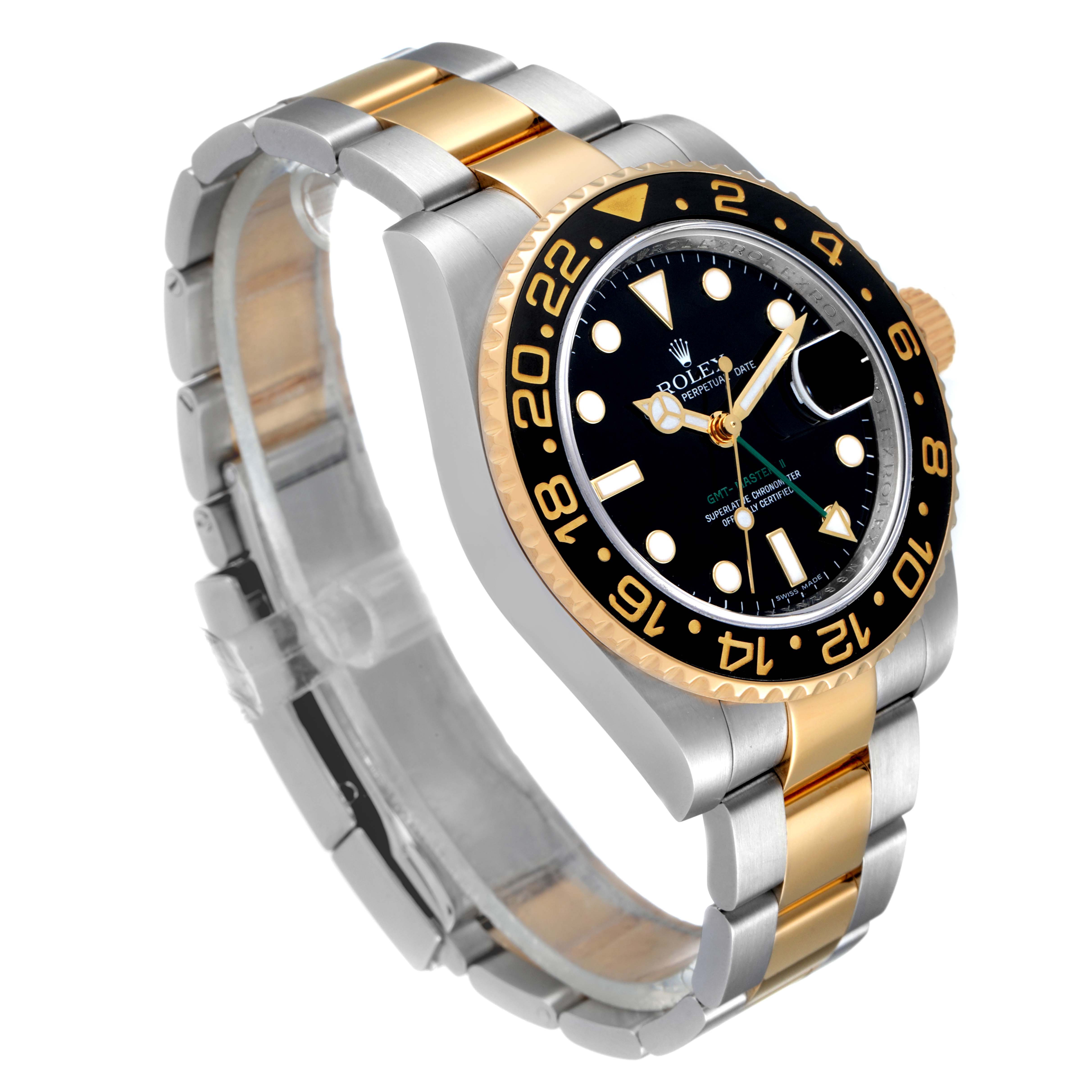 The image shows a Rolex GMT-Master 116713 Men's Steel and Gold (two tone) Black Dial 116713 Men's Steel and Gold (two tone) Black Dial watch at an angle highlighting its two-tone bracelet and black bezel.
