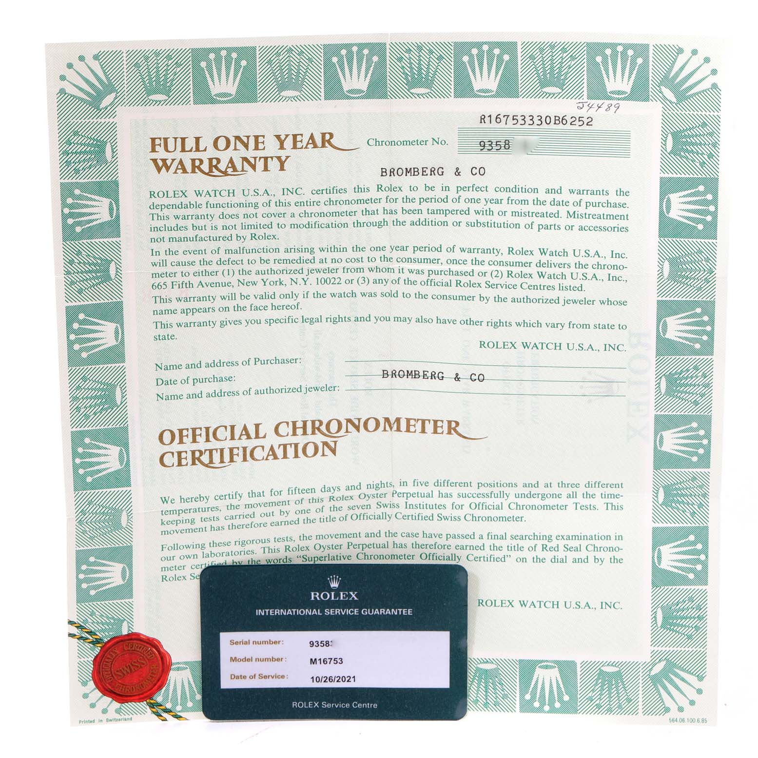 The image shows the warranty and chronometer certification papers for a Rolex GMT-Master 16753 Men's Steel and Gold (two tone) Black Dial 16753 Men's Steel and Gold (two tone) Black Dial watch.