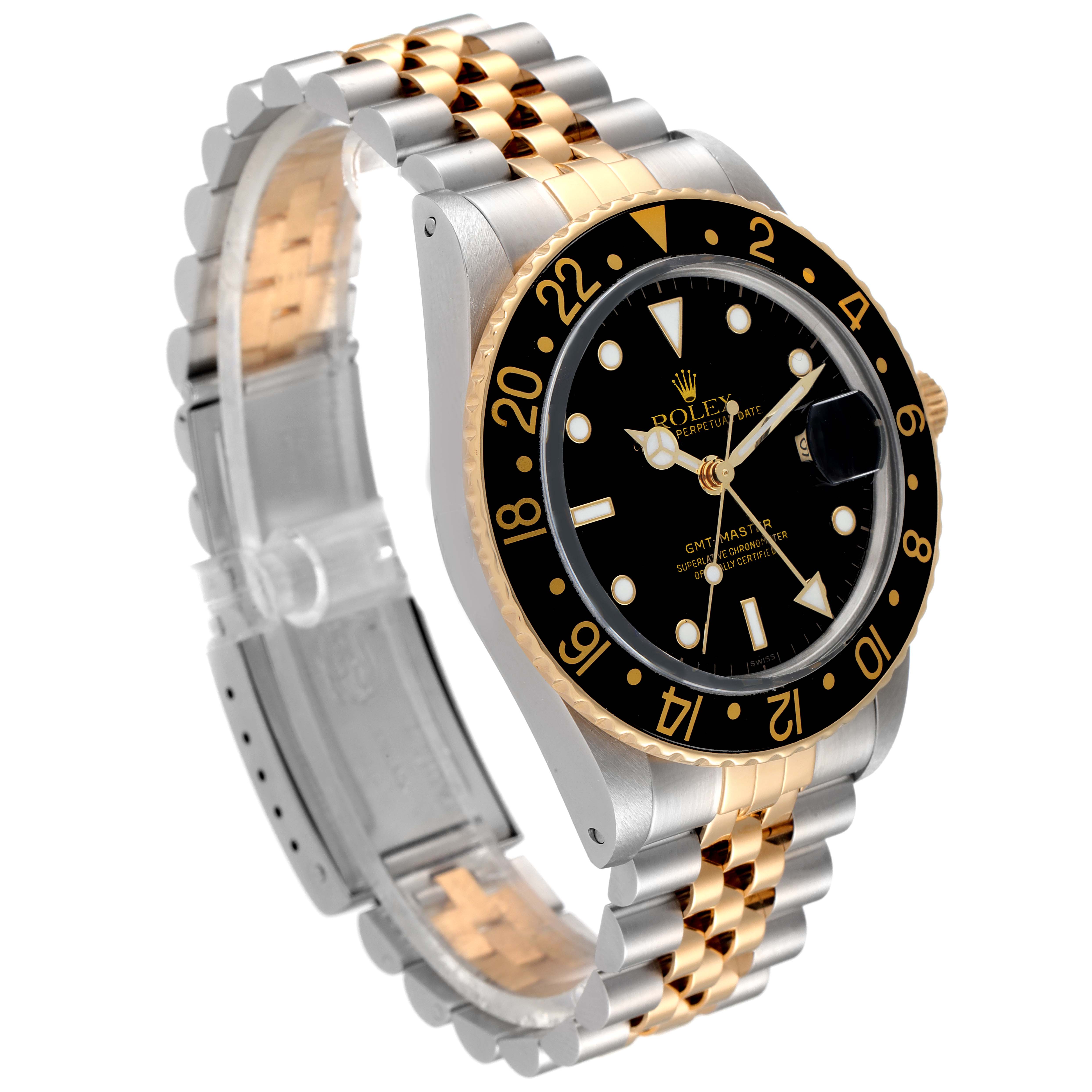 The image shows a side view angle of a Rolex GMT-Master 16753 Men's Steel and Gold (two tone) Black Dial 16753 Men's Steel and Gold (two tone) Black Dial watch, highlighting its bezel, dial, and two-tone bracelet.