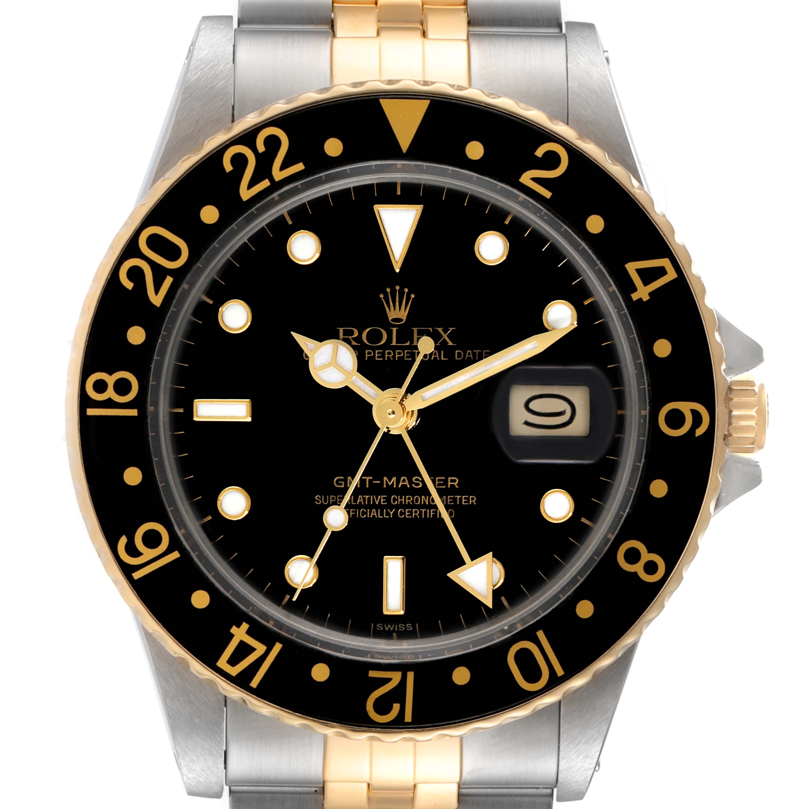 This is a close-up front view of a Rolex GMT-Master 16753 Men's Steel and Gold (two tone) Black Dial 16753 Men's Steel and Gold (two tone) Black Dial watch, showcasing its bezel, dial, and part of the bracelet.