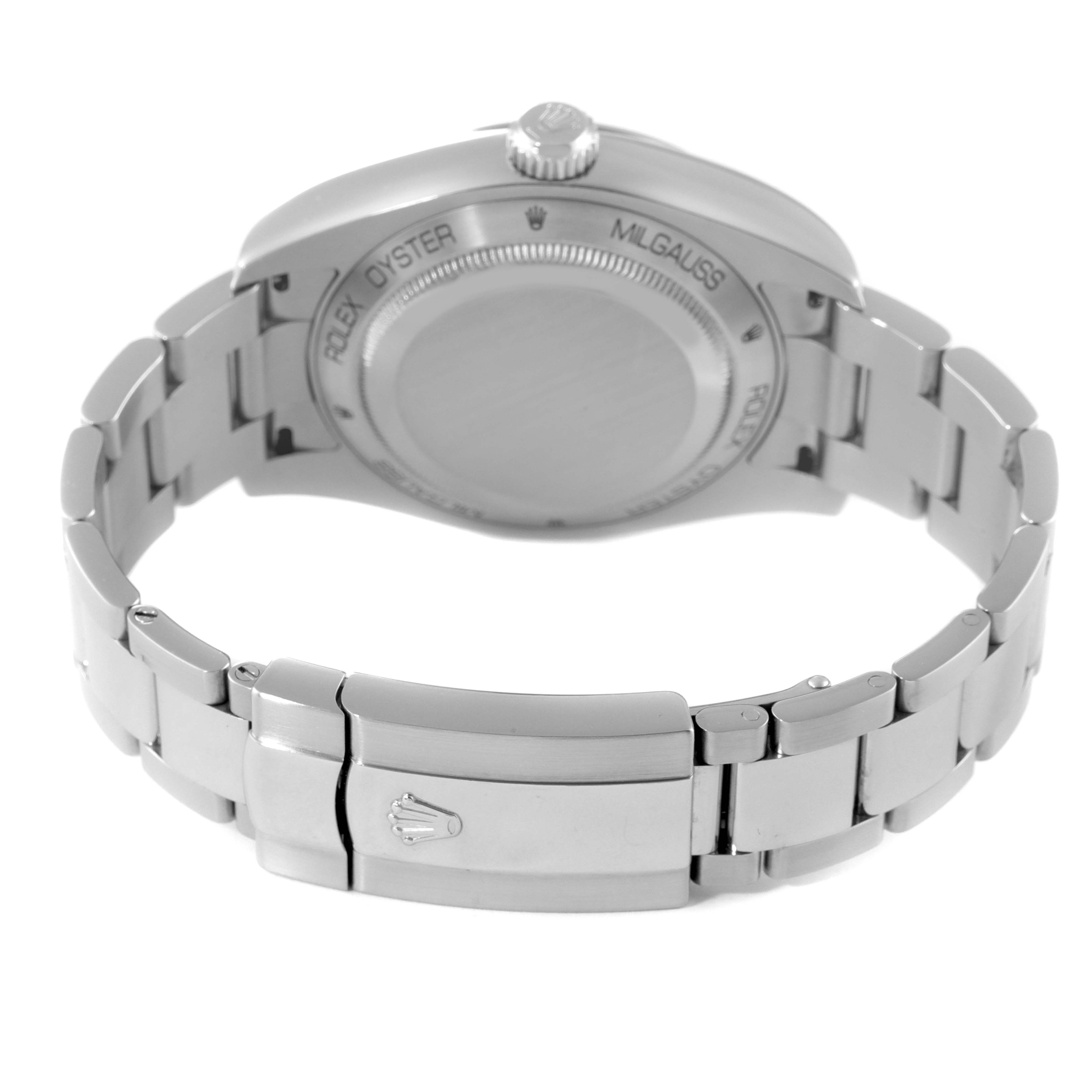 The image shows the backside and bracelet of a Rolex Milgauss 116400 Men's Stainless Steel Black Dial 116400 Men's Stainless Steel Black Dial watch, emphasizing the clasp and case back.