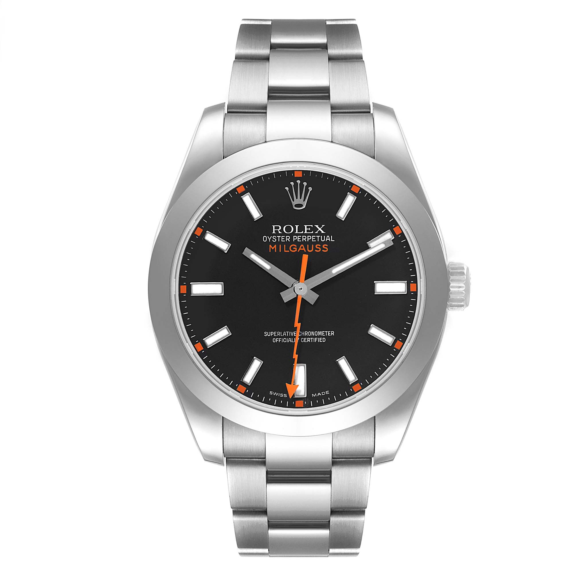 The Rolex Milgauss 116400 Men's Stainless Steel Black Dial 116400 Men's Stainless Steel Black Dial watch is shown from a front angle, displaying the face, hour markers, hands, and bracelet.