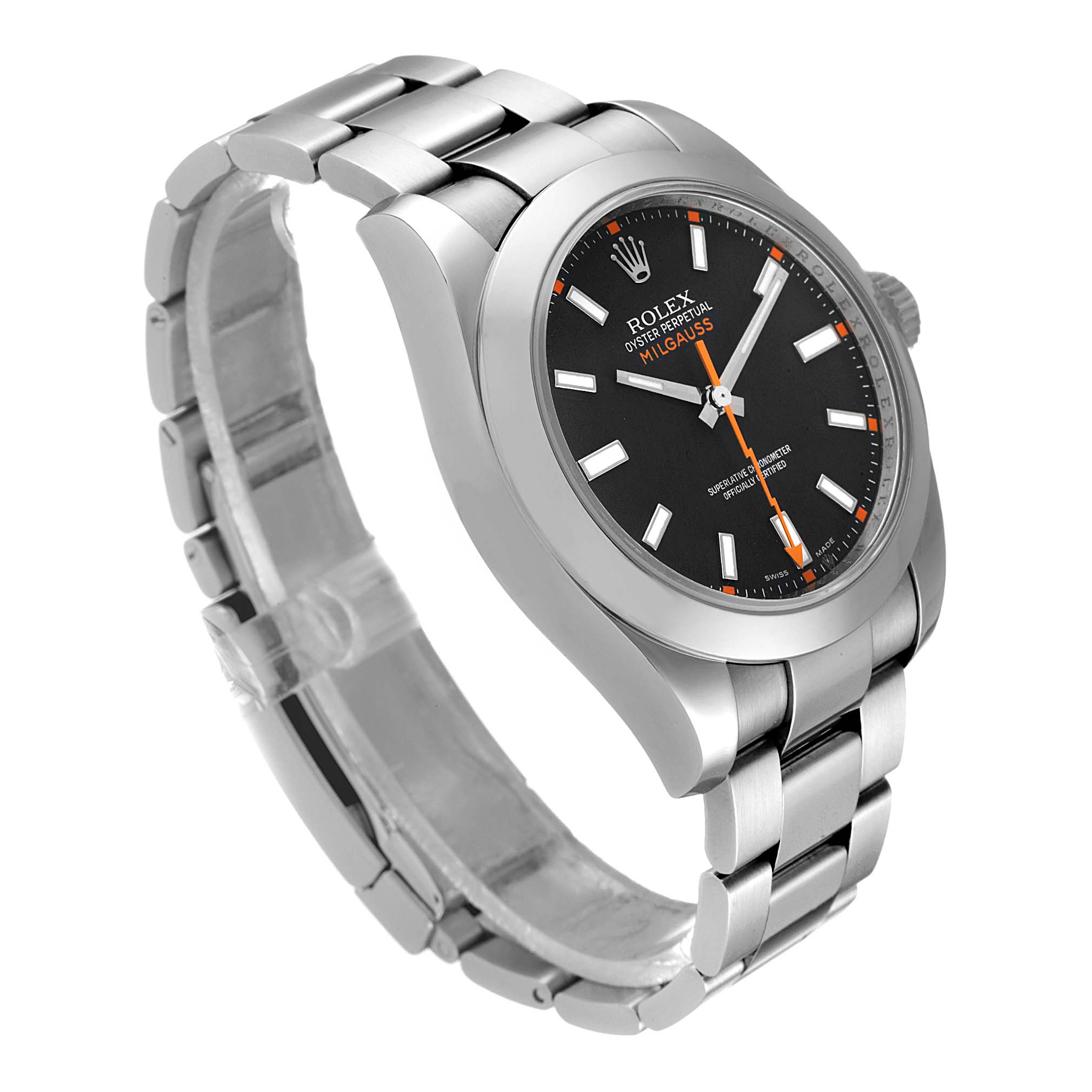 A Rolex Milgauss 116400 Men's Stainless Steel Black Dial 116400 Men's Stainless Steel Black Dial watch at a slight angle showing the face, bezel, crown, and bracelet links.