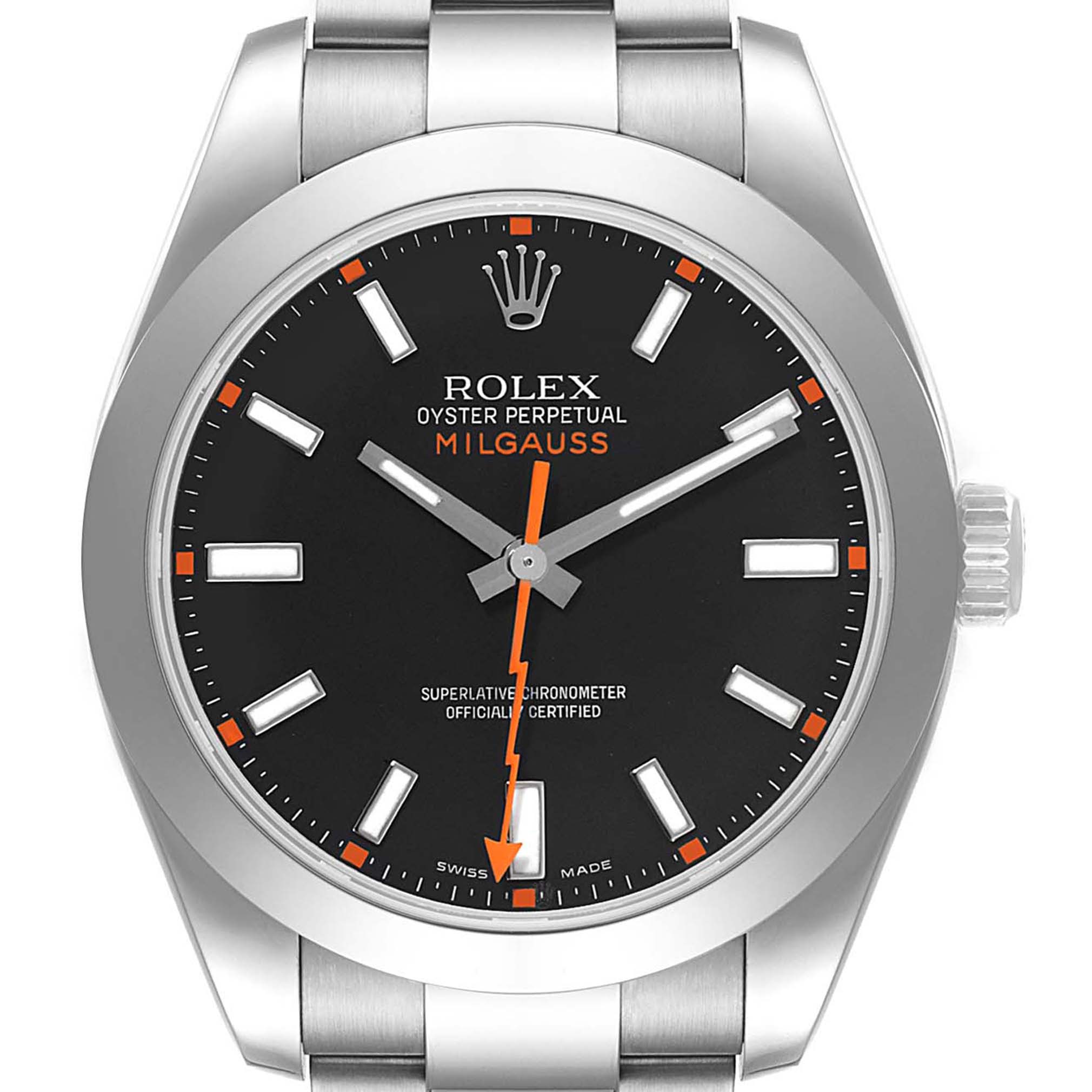 This close-up image shows the face and crown of a Rolex Milgauss 116400 Men's Stainless Steel Black Dial 116400 Men's Stainless Steel Black Dial watch, highlighting the hands, markers, and branding details.