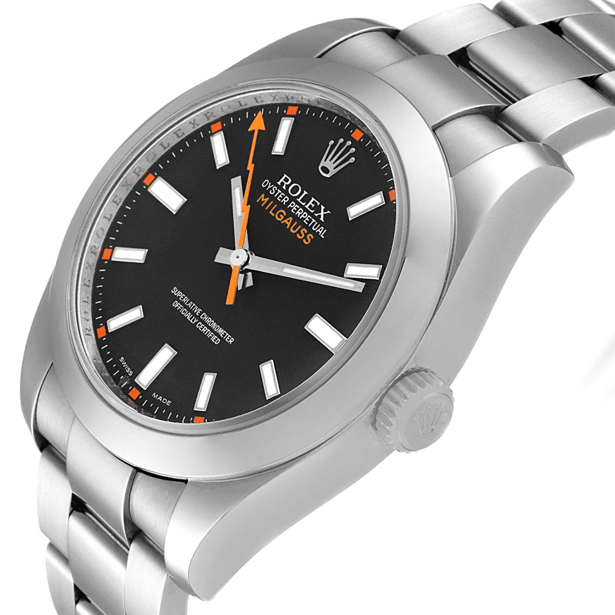 The image shows an angled view of the Rolex Milgauss 116400 Men's Stainless Steel Black Dial 116400 Men's Stainless Steel Black Dial watch, highlighting the dial, crown, and part of the bracelet.