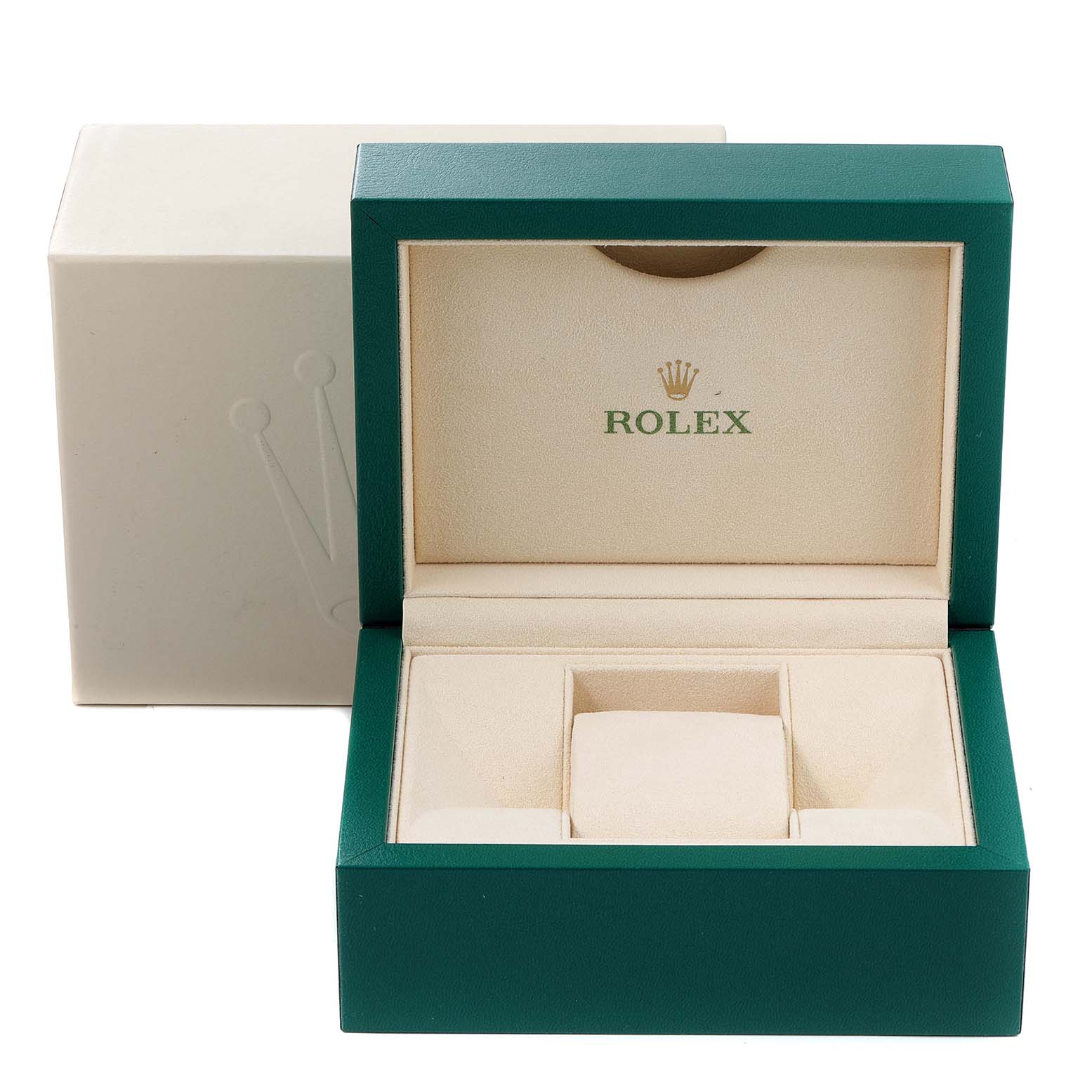 The image shows an open green Rolex watch box, suitable for storing a Rolex Milgauss 116400 Men's Stainless Steel Black Dial 116400 Men's Stainless Steel Black Dial model, with the brand's logo inside.