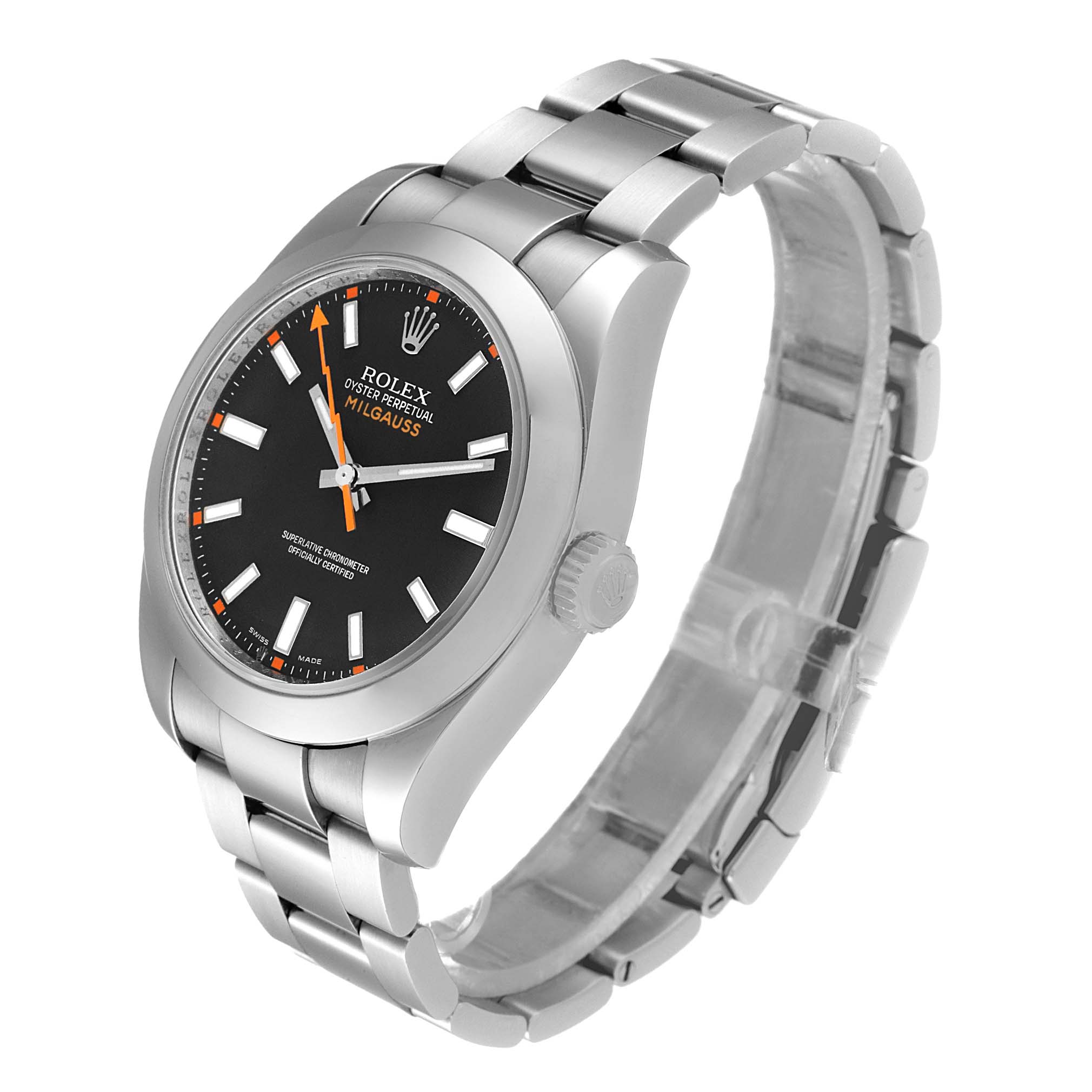 The Rolex Milgauss 116400 Men's Stainless Steel Black Dial 116400 Men's Stainless Steel Black Dial watch is shown at a three-quarter angle, displaying the face, crown, and stainless steel bracelet.