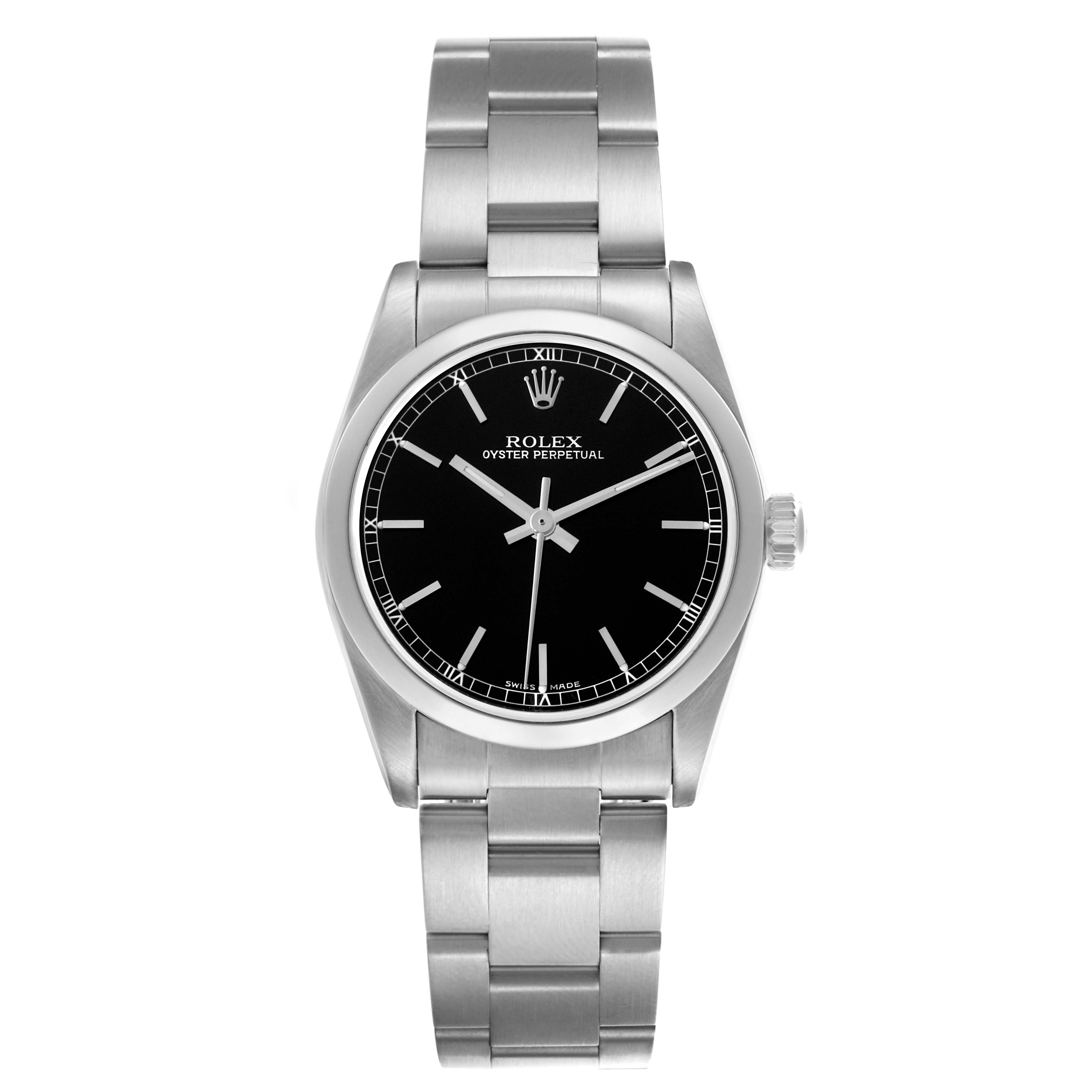 The Rolex Mid-Size 77080 Women's Stainless Steel Black Dial 77080 Women's Stainless Steel Black Dial watch is shown from a straight-on angle, displaying the dial, bezel, case, and bracelet.