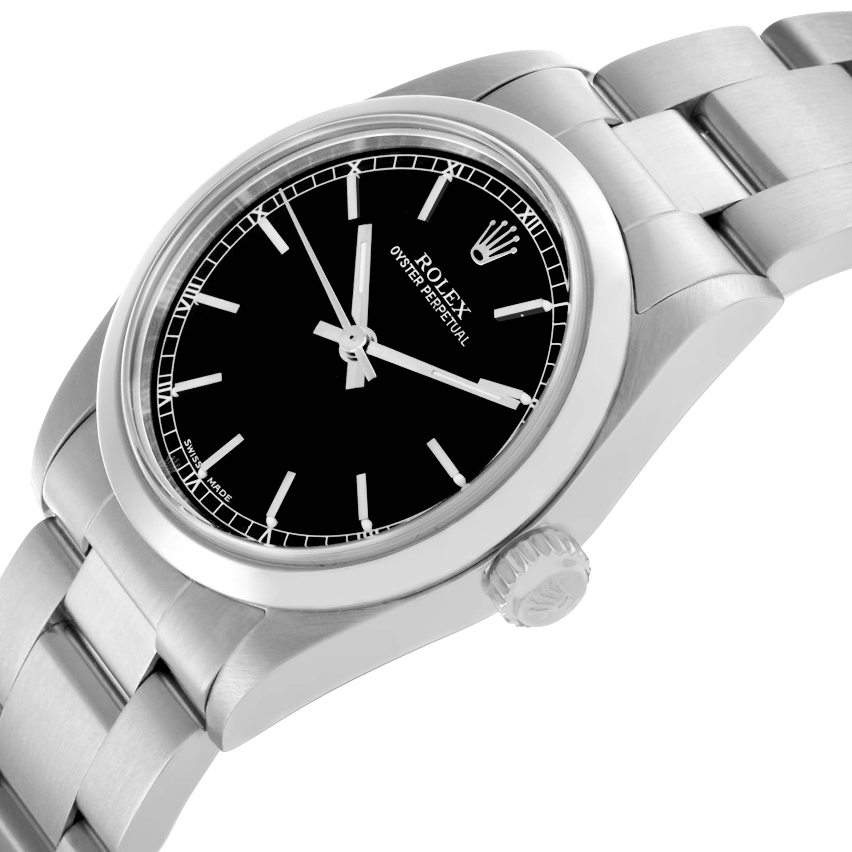 The Rolex Mid-Size 77080 Women's Stainless Steel Black Dial 77080 Women's Stainless Steel Black Dial watch is shown at a diagonal angle, highlighting the black dial, hour markers, hands, and parts of the stainless steel bracelet.