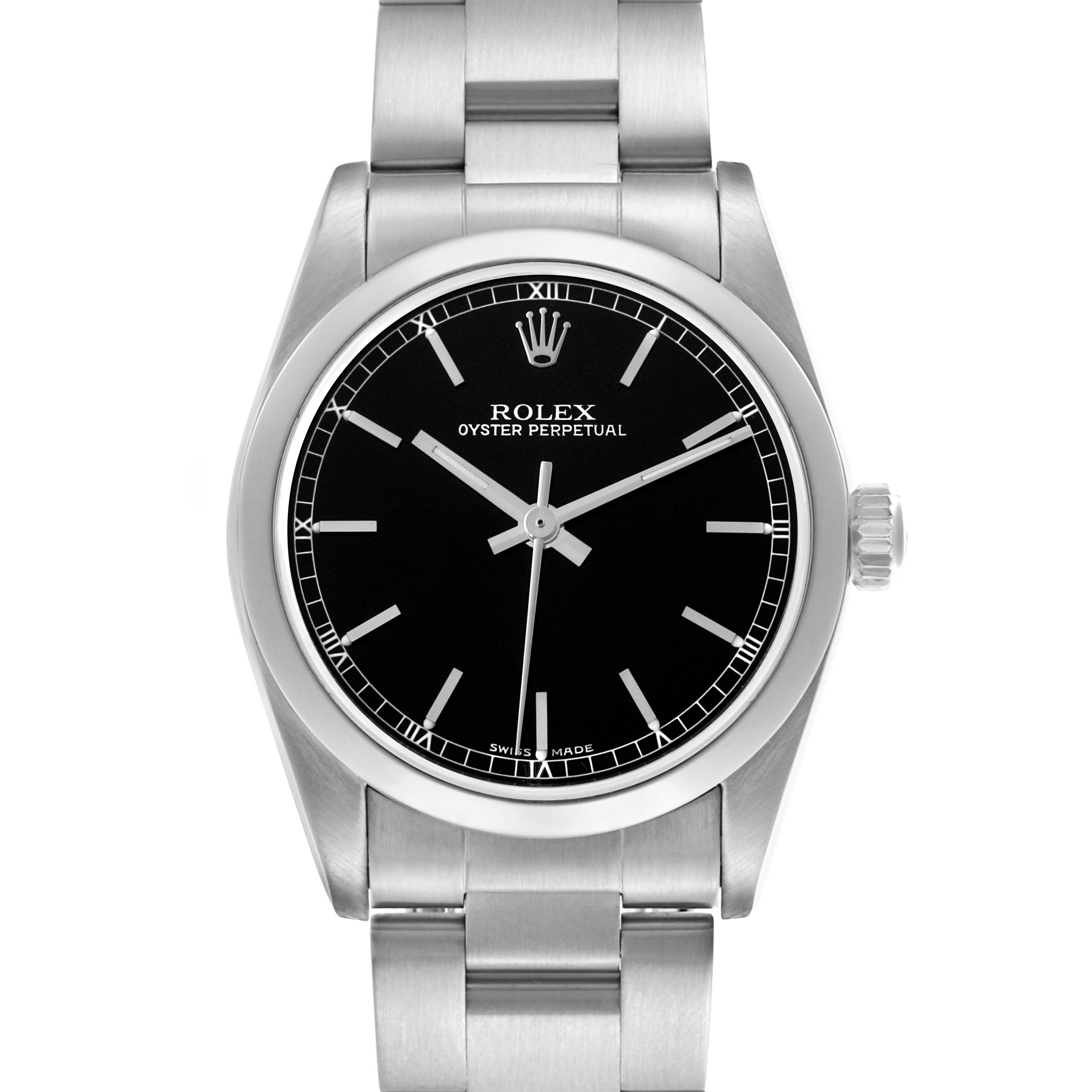 The Rolex Mid-Size 77080 Women's Stainless Steel Black Dial 77080 Women's Stainless Steel Black Dial watch is shown from a front angle, displaying its black dial, silver hands, and metal bracelet.