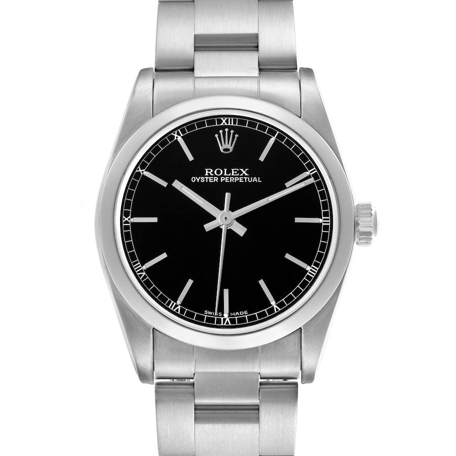 The Rolex Mid-Size watch is shown from a front angle, displaying its black dial, silver hands, and metal bracelet.