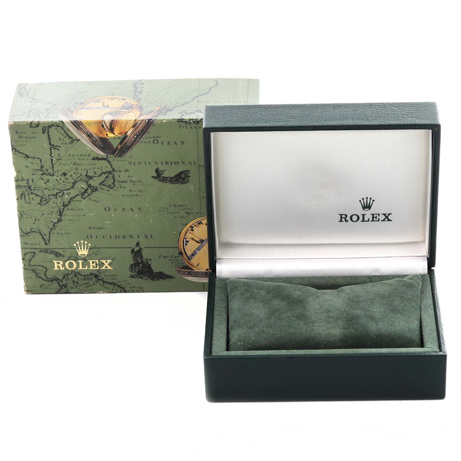 The image shows the Rolex watch box and outer packaging at a front angle, with no watch visible.