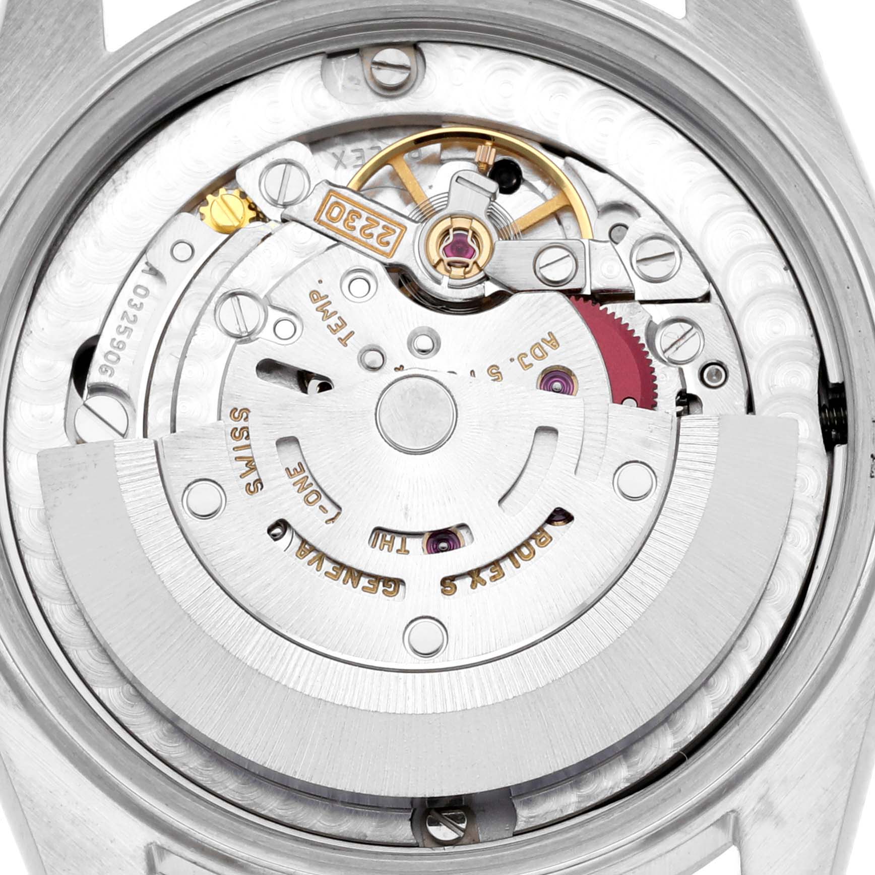 The image shows the inner mechanical movement of the Rolex Mid-Size 77080 Women's Stainless Steel Black Dial 77080 Women's Stainless Steel Black Dial model from a back angle, highlighting gears and components.