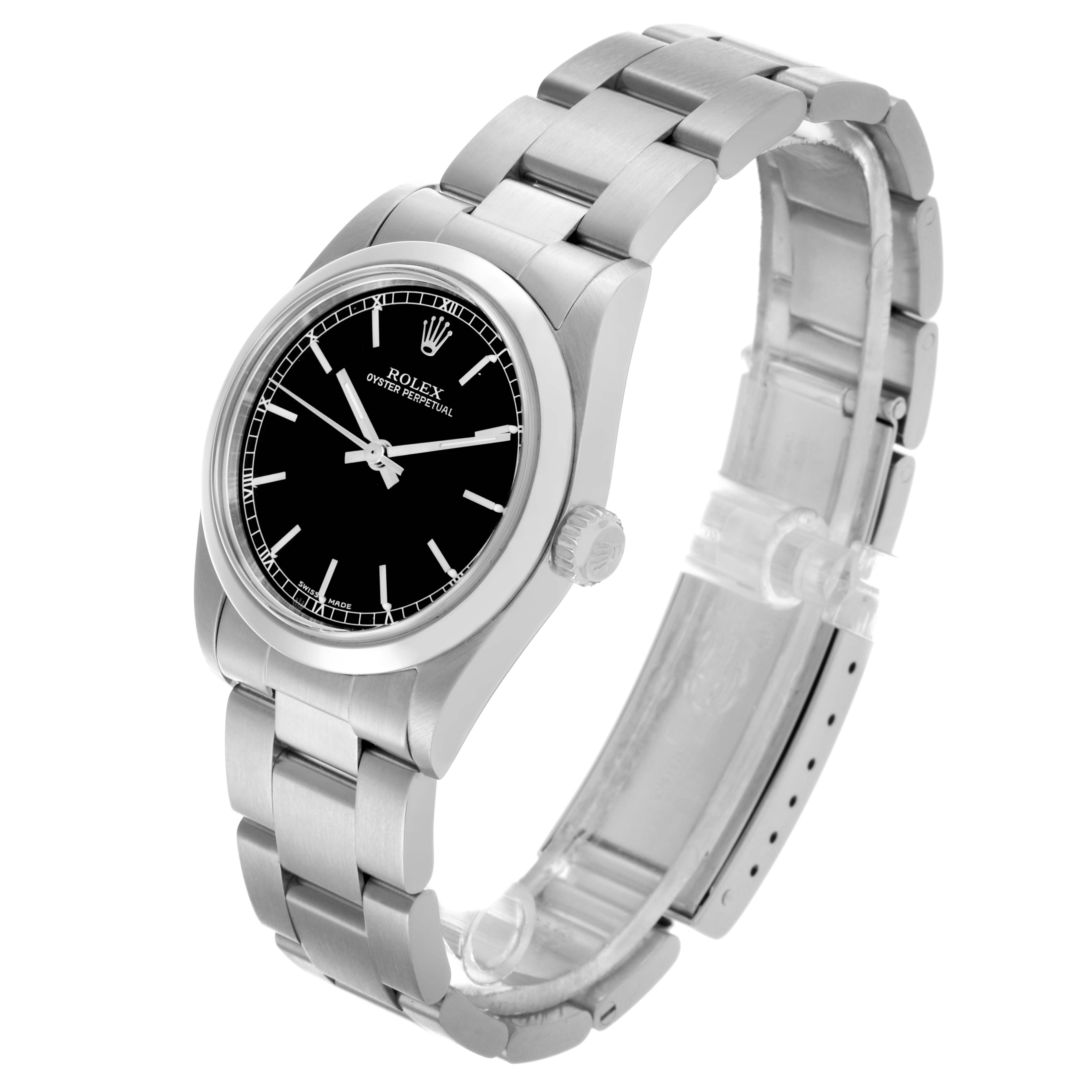 The Rolex Mid-Size 77080 Women's Stainless Steel Black Dial 77080 Women's Stainless Steel Black Dial watch is shown at a three-quarter angle, displaying the dial, crown, and stainless steel bracelet.