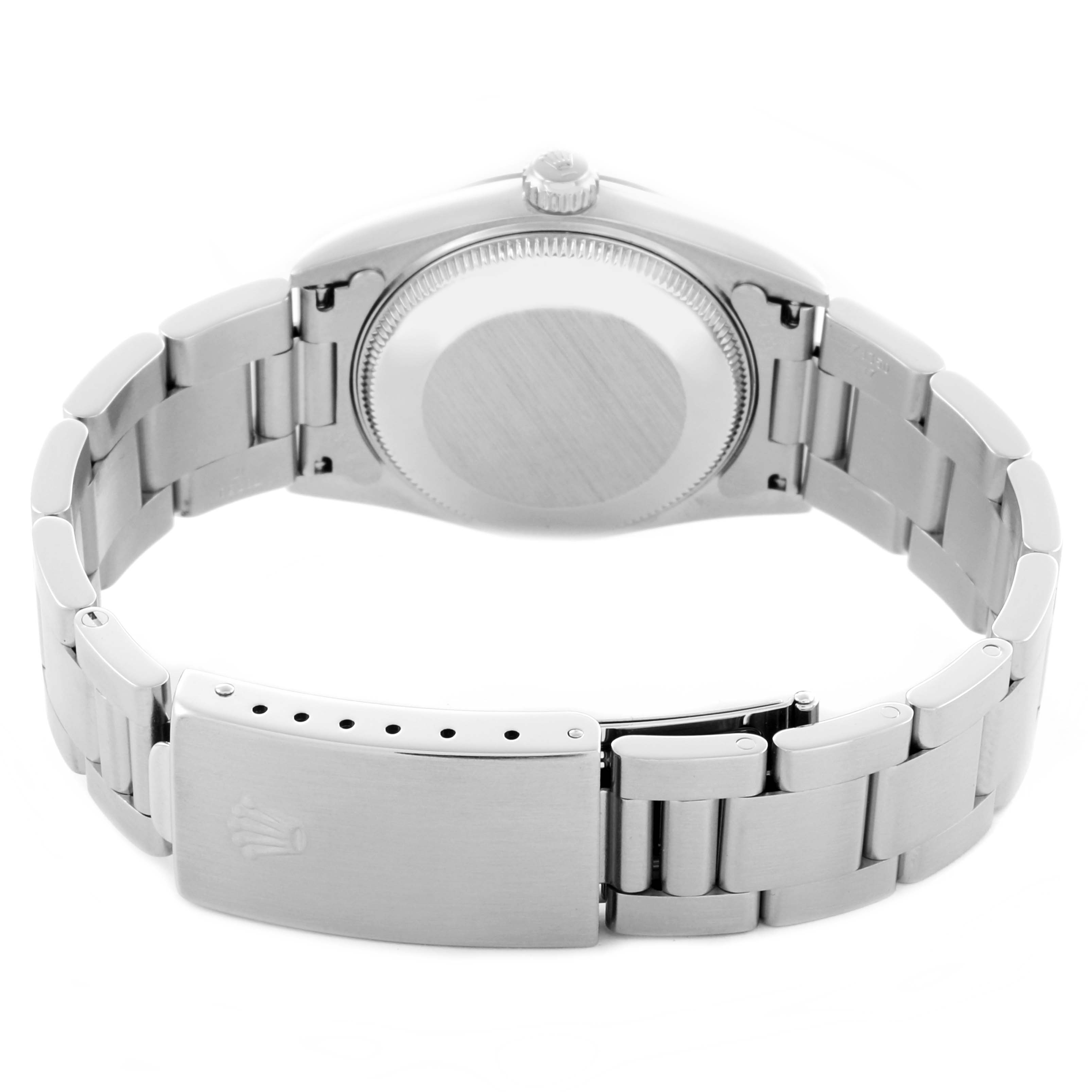 The image shows the back of a Rolex Mid-Size 77080 Women's Stainless Steel Black Dial 77080 Women's Stainless Steel Black Dial watch, highlighting the case back, bracelet, and clasp.