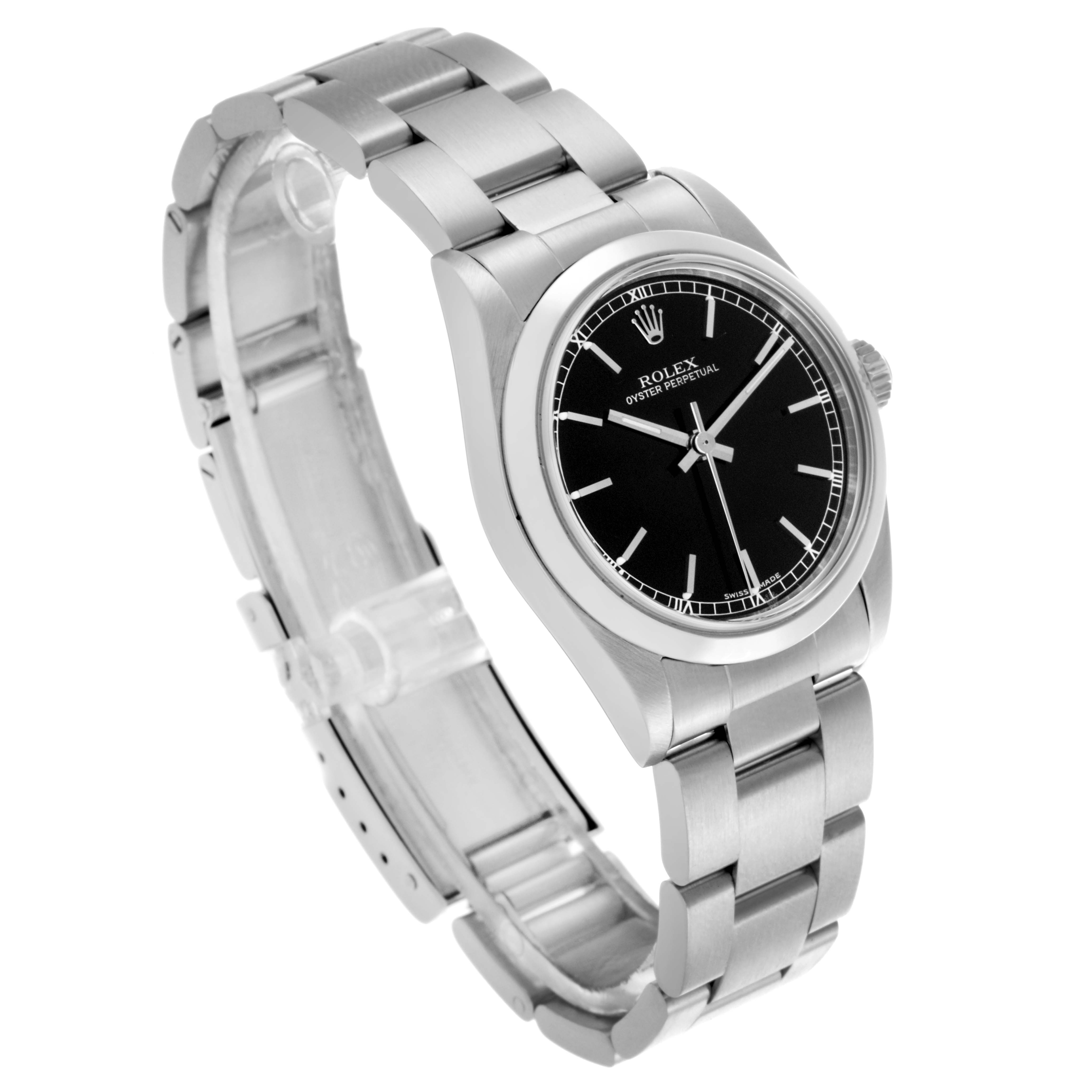 The Rolex Mid-Size 77080 Women's Stainless Steel Black Dial 77080 Women's Stainless Steel Black Dial model is shown from a three-quarter angle, highlighting the face, bezel, bracelet, and clasp.