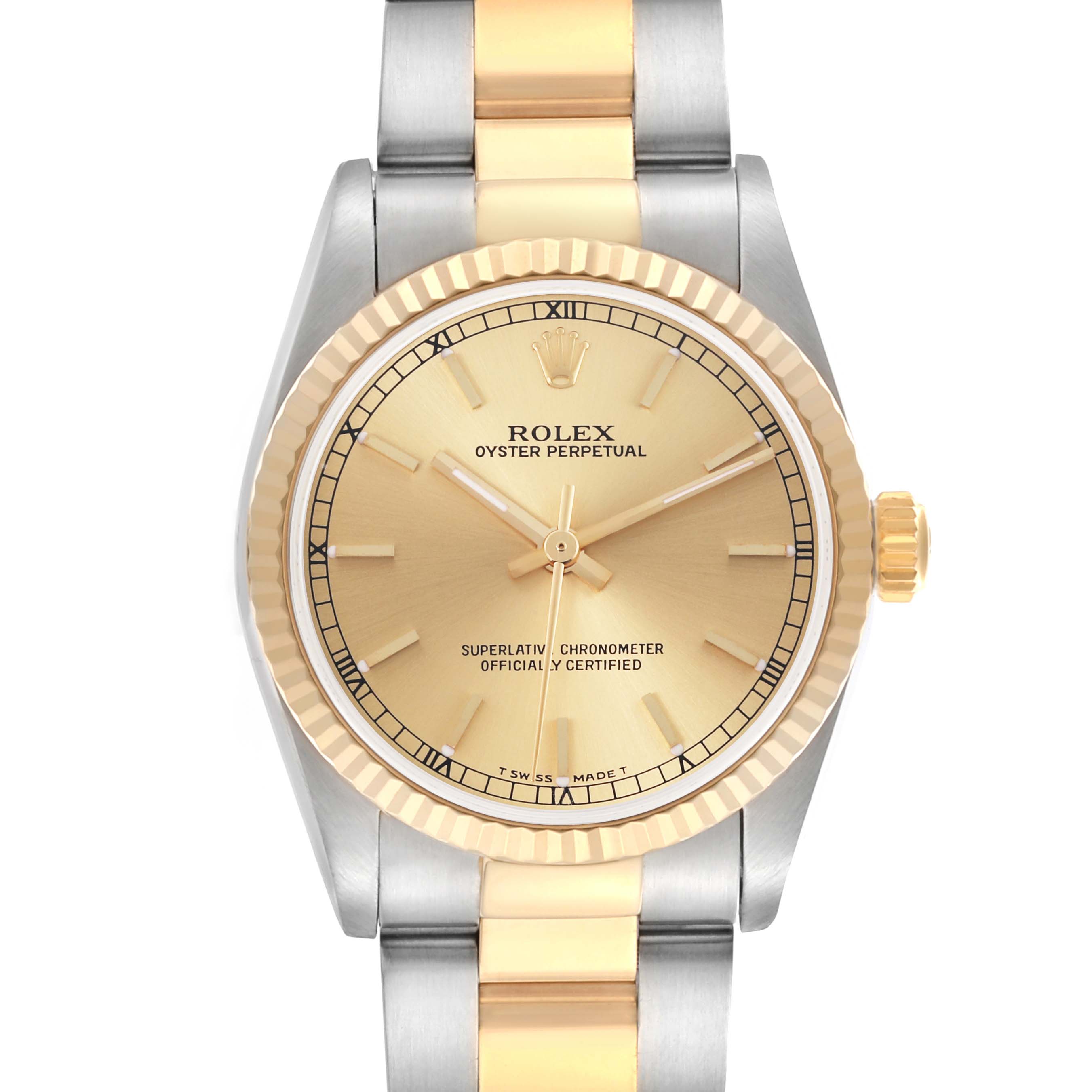 The Rolex Mid-Size 77513 Women's Steel and Gold (two tone) Champagne Dial 77513 Women's Steel and Gold (two tone) Champagne Dial model is shown from a top-down angle, highlighting its face, bezel, and bracelet.