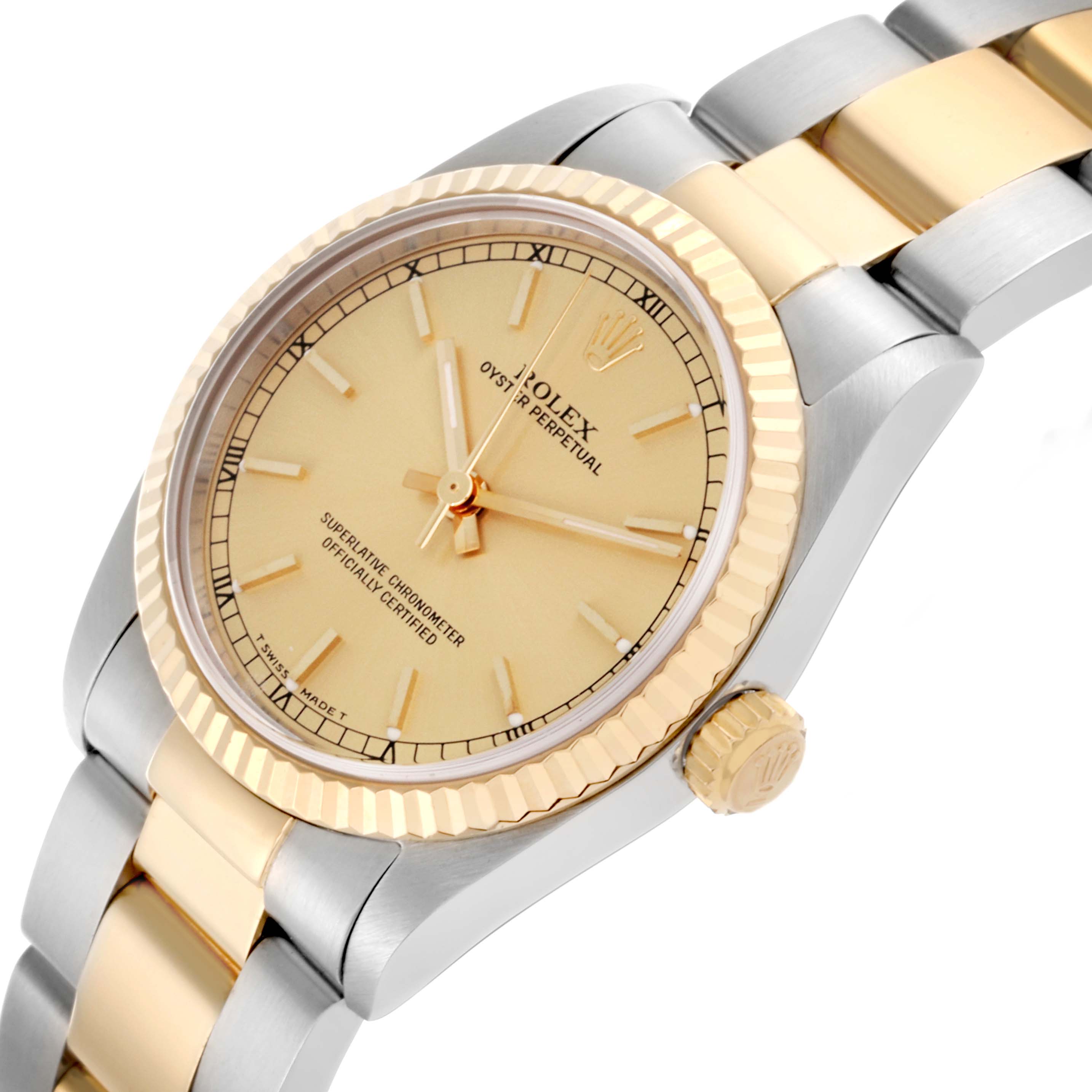 The Rolex Mid-Size 77513 Women's Steel and Gold (two tone) Champagne Dial 77513 Women's Steel and Gold (two tone) Champagne Dial watch is shown from a three-quarter angle, highlighting the bezel, dial, crown, and bracelet.
