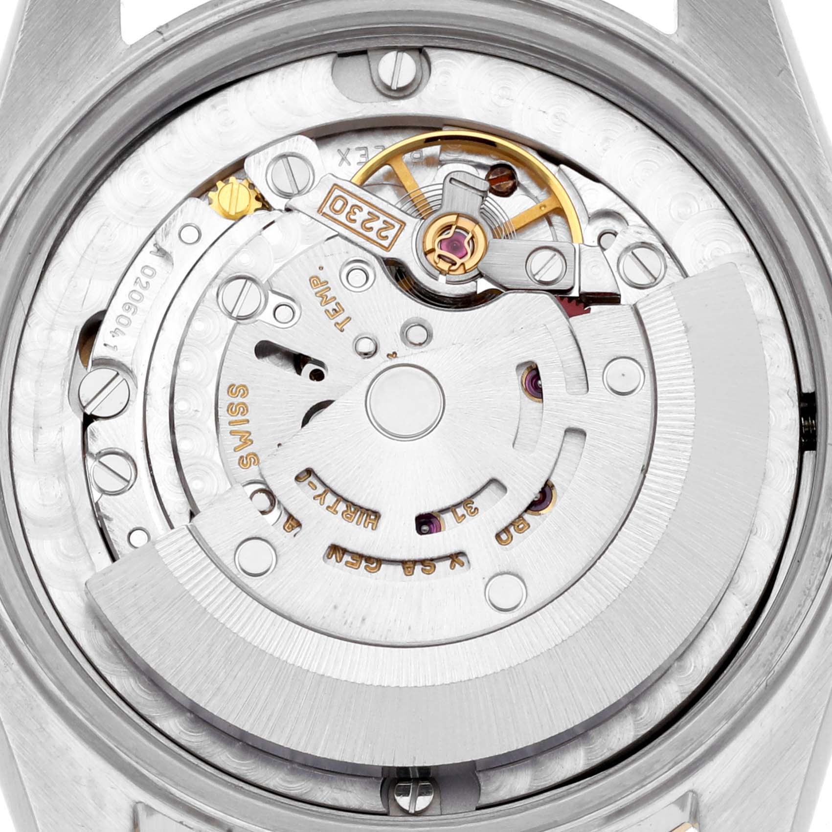 The image shows the movement mechanism of a Rolex Mid-Size 77513 Women's Steel and Gold (two tone) Champagne Dial 77513 Women's Steel and Gold (two tone) Champagne Dial watch from a rear-facing angle.