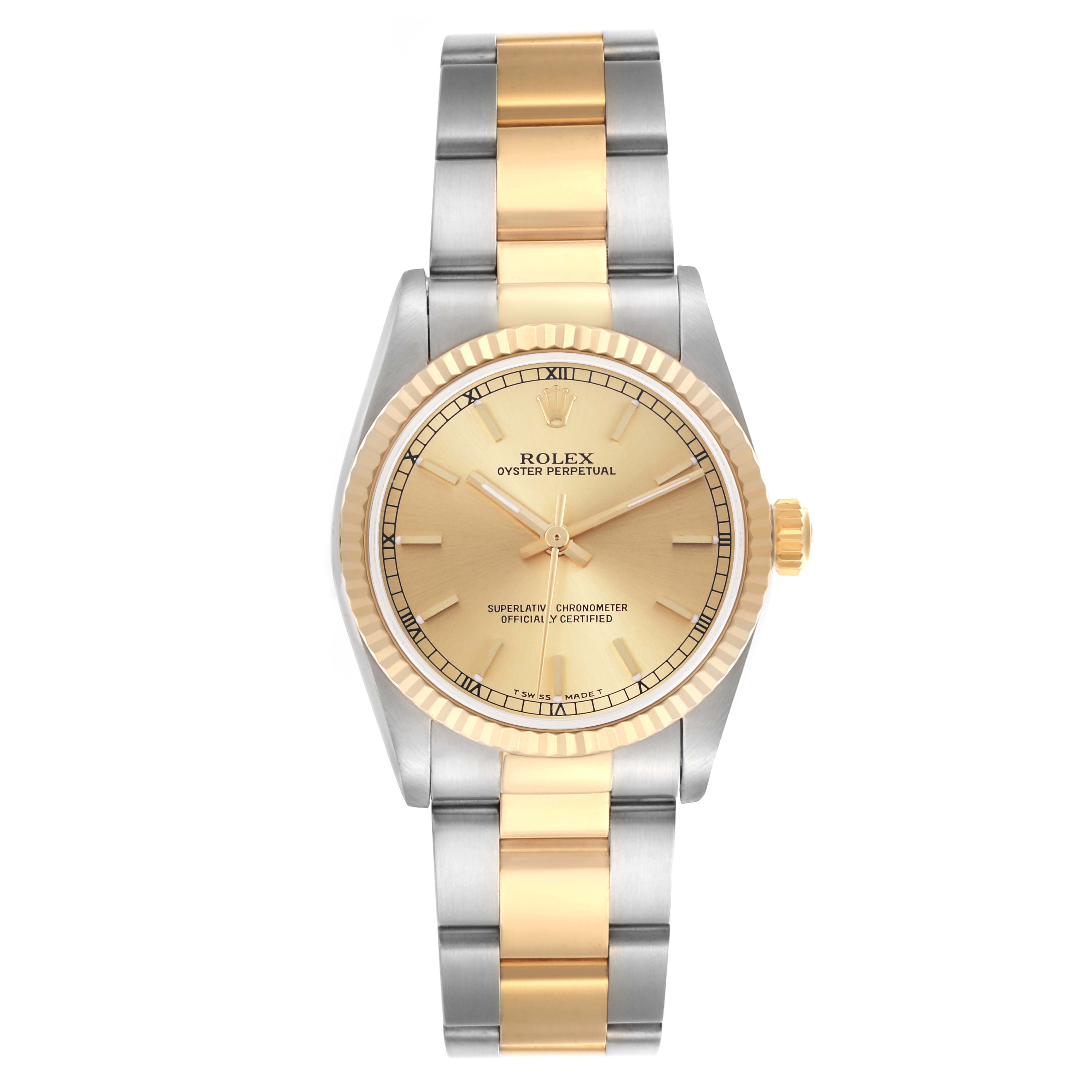 The Rolex Mid-Size 77513 Women's Steel and Gold (two tone) Champagne Dial 77513 Women's Steel and Gold (two tone) Champagne Dial watch is shown from the front, displaying the dial, bezel, and two-tone bracelet.