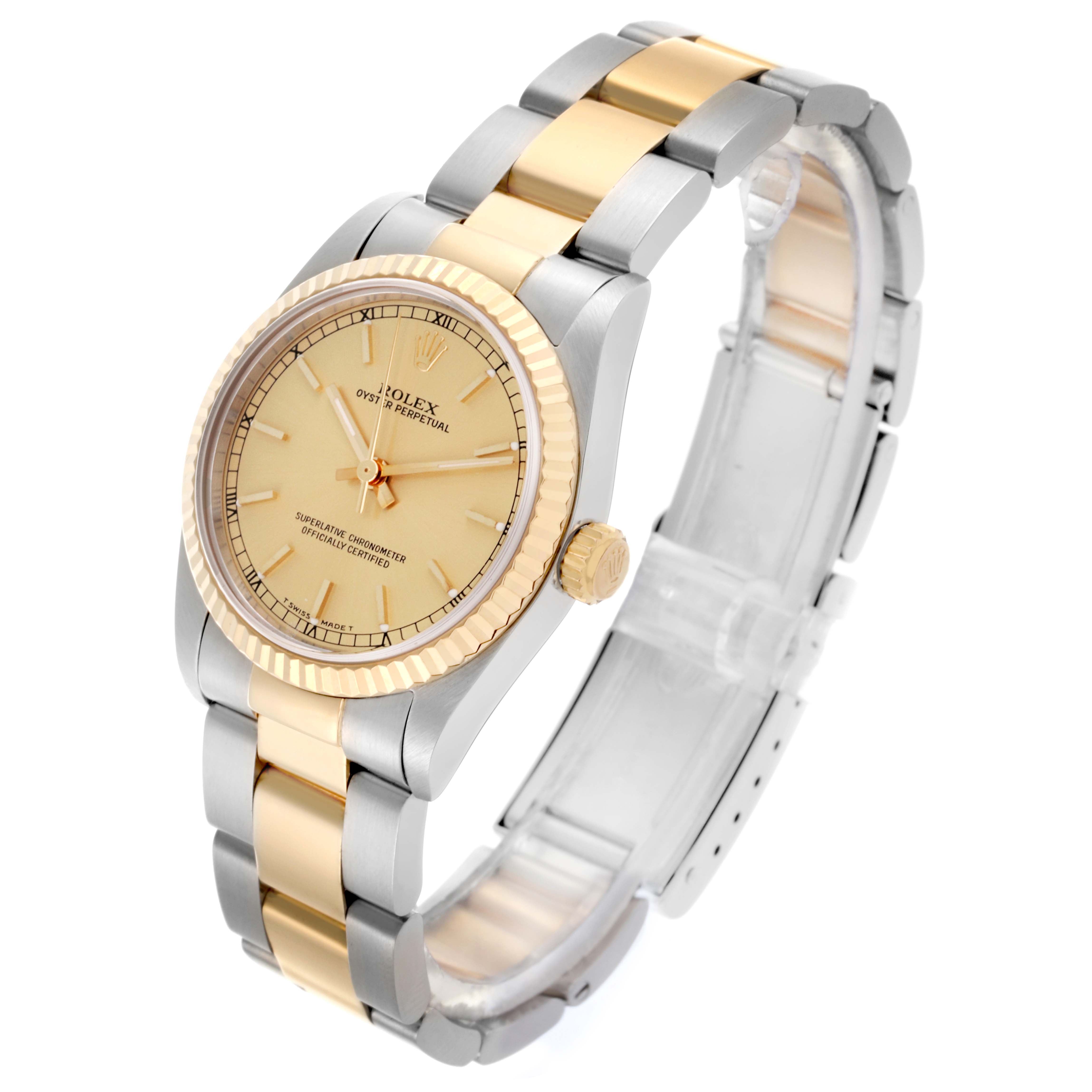The Rolex Mid-Size 77513 Women's Steel and Gold (two tone) Champagne Dial 77513 Women's Steel and Gold (two tone) Champagne Dial watch is shown at a three-quarter angle, displaying the face, bezel, crown, and bracelet.