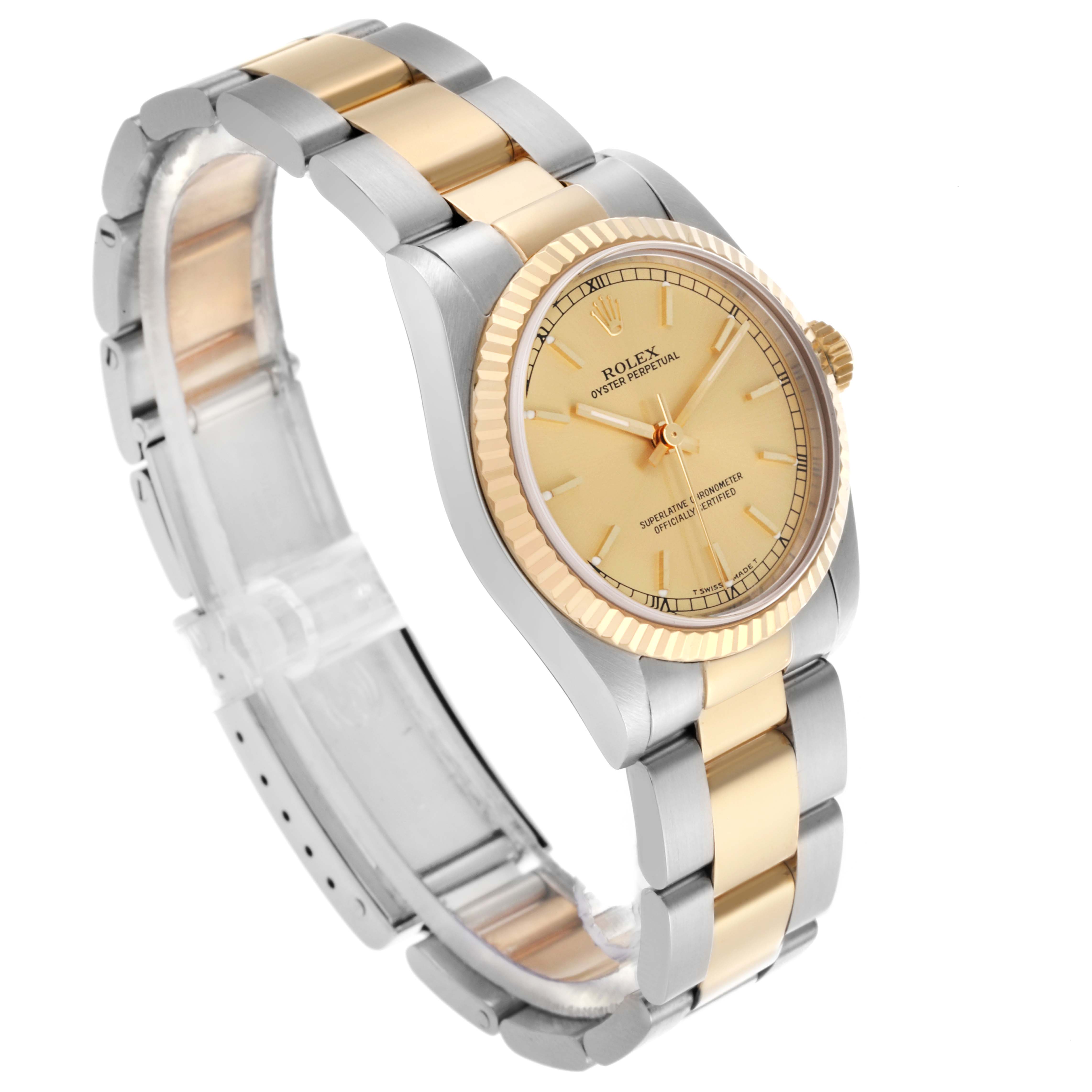 The Rolex Mid-Size 77513 Women's Steel and Gold (two tone) Champagne Dial 77513 Women's Steel and Gold (two tone) Champagne Dial model is shown at a 3/4 angle, highlighting the gold and silver bracelet, bezel, and face.