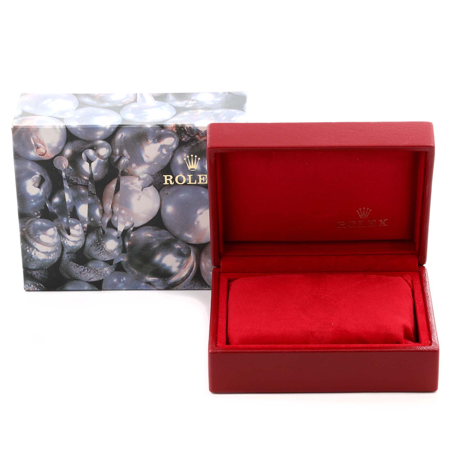 The image shows a Rolex Mid-Size 77513 Women's Steel and Gold (two tone) Champagne Dial 77513 Women's Steel and Gold (two tone) Champagne Dial model watch box and outer packaging, both viewed from the front.