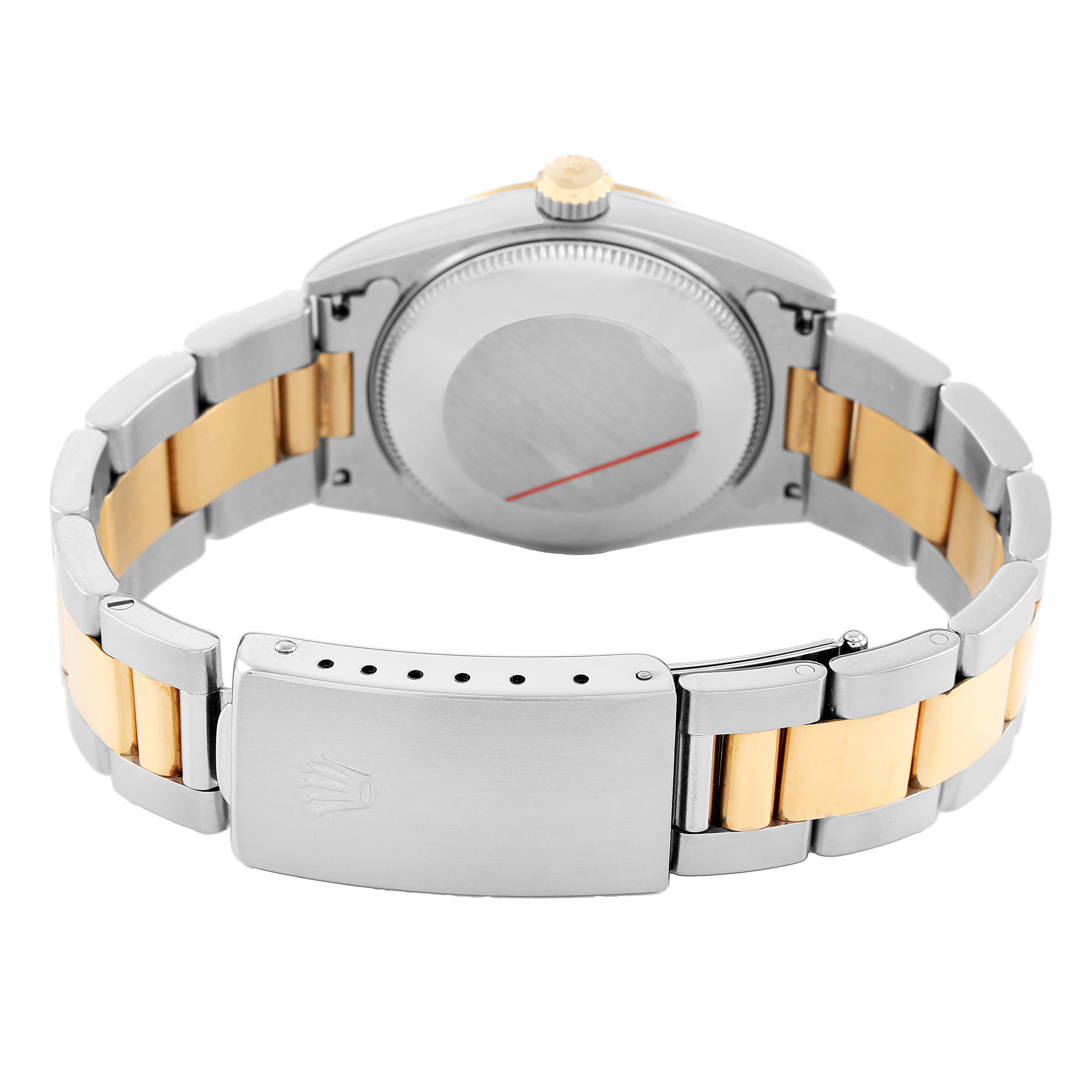 The image shows the back and clasp of the Rolex Oyster Perpetual 67483 Women's Steel and Gold (two tone) Black Dial, highlighting the two-tone bracelet and crown.