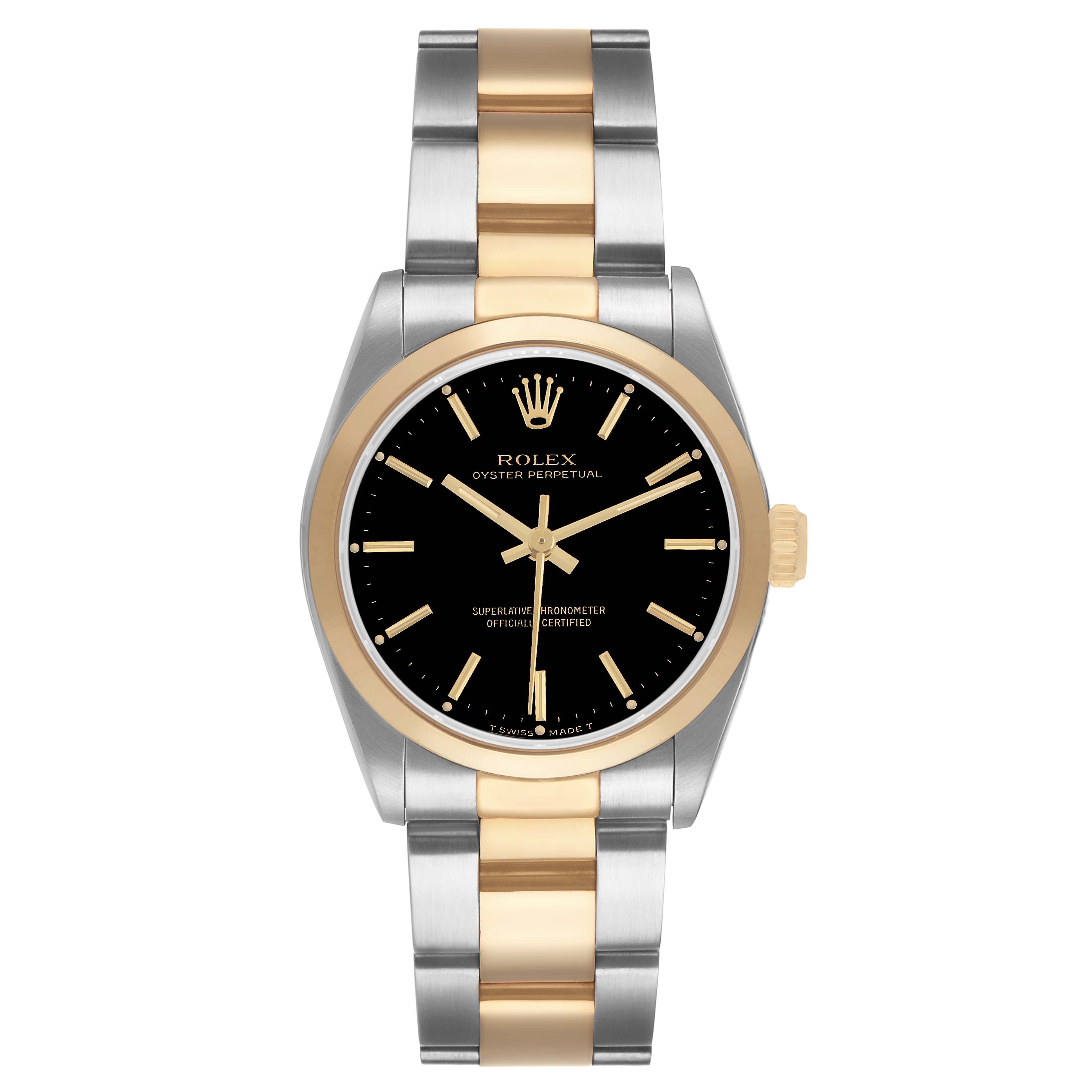 The Rolex Oyster Perpetual 67483 Women's Steel and Gold (two tone) Black Dial watch is shown face-on, highlighting its black dial, gold bezel, and two-tone bracelet.