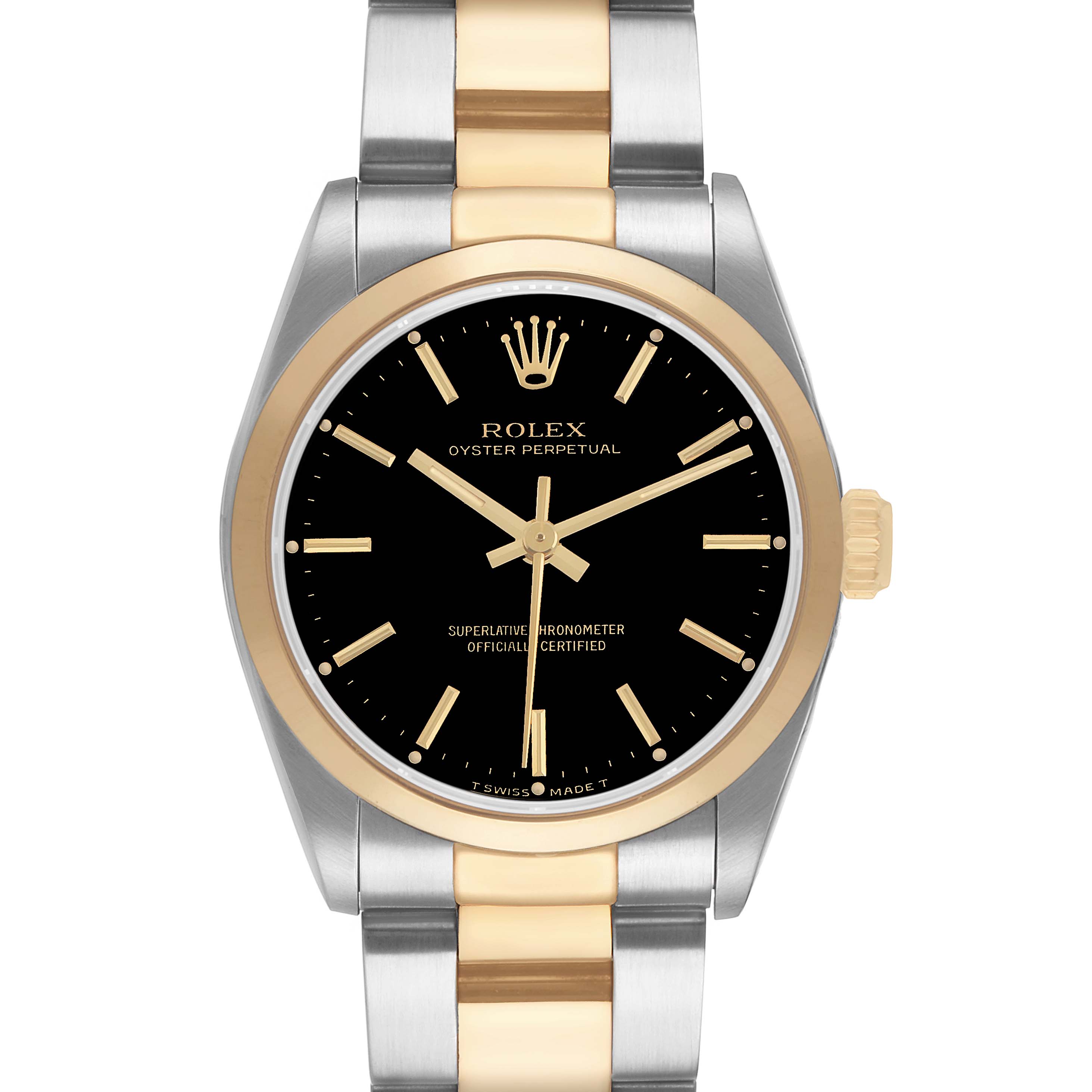 The Rolex Oyster Perpetual 67483 Women's Steel and Gold (two tone) Black Dial watch is shown from the front, highlighting the black dial, gold markers, and two-tone bracelet.