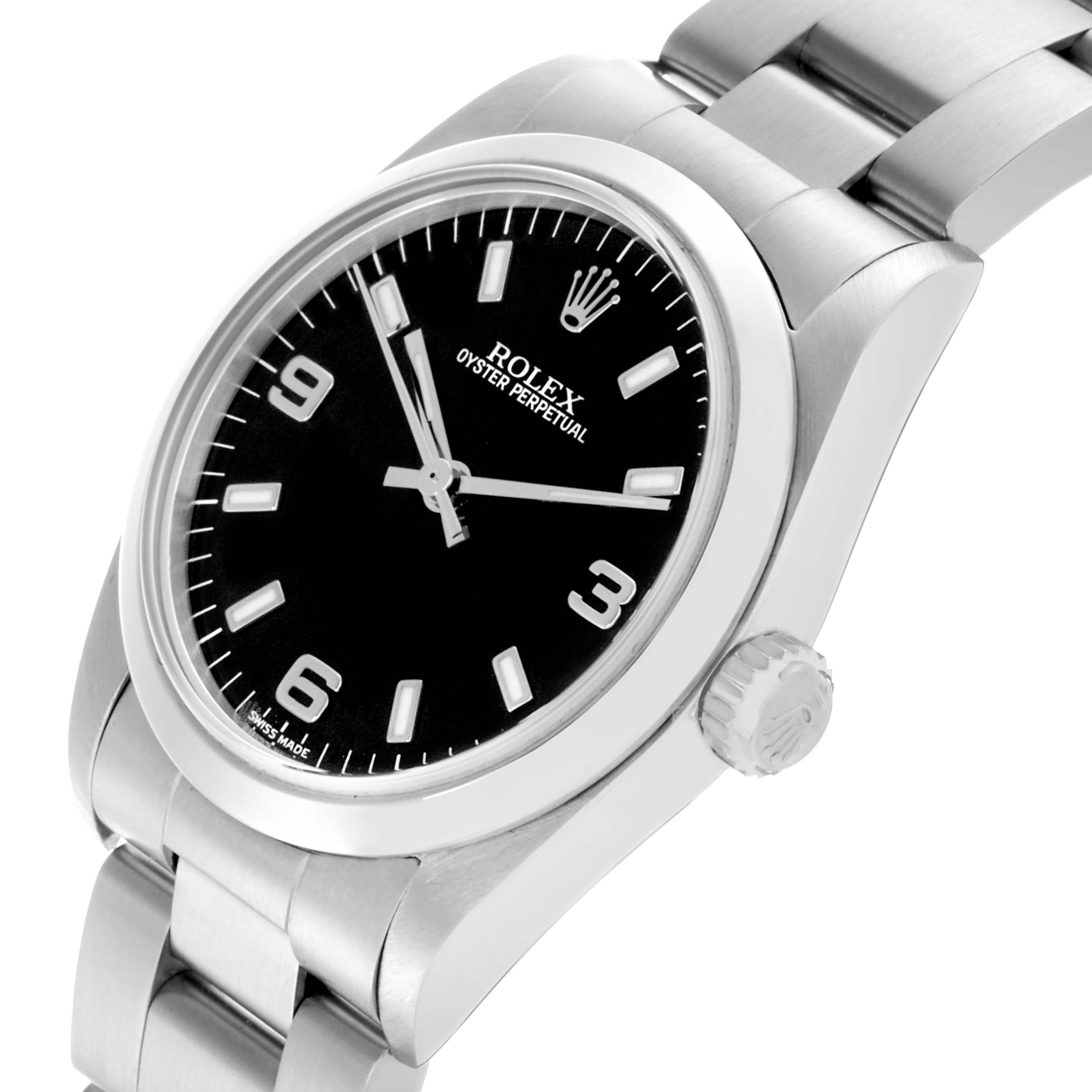 The Rolex Mid-Size 77080 Women's Stainless Steel Black Dial 77080 Women's Stainless Steel Black Dial model is shown at a slight angle, highlighting the dial, bezel, bracelet, and crown.