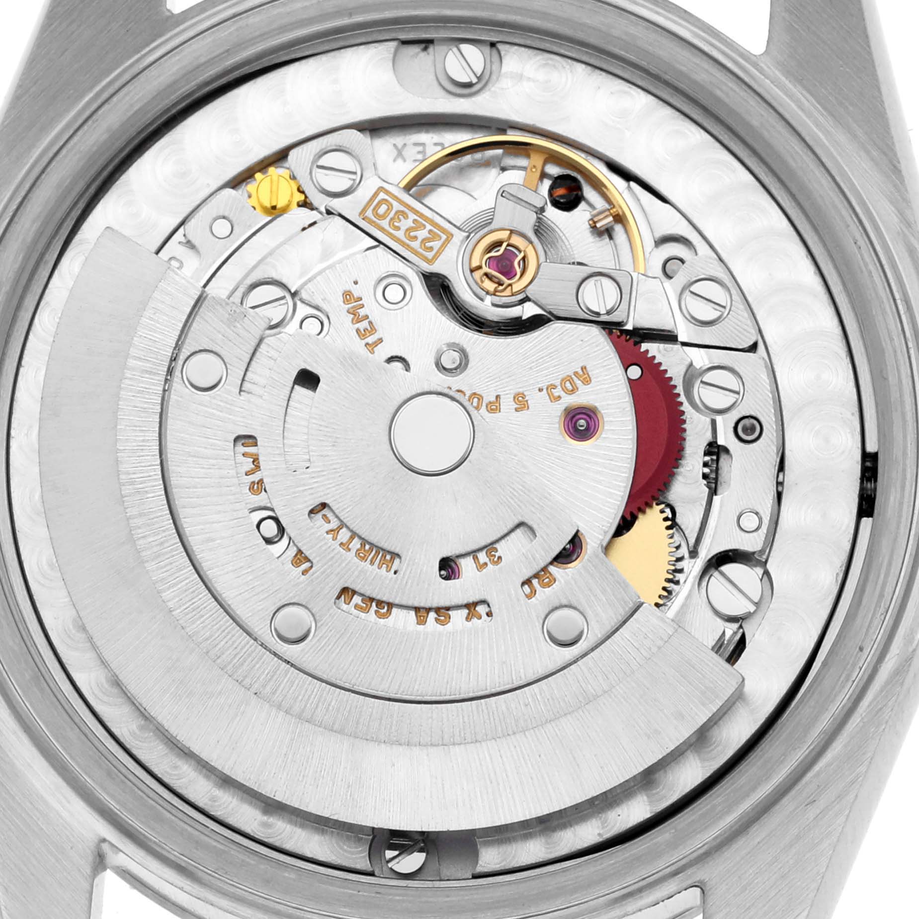 The image shows the inner mechanics and movement of a Rolex Mid-Size 77080 Women's Stainless Steel Black Dial 77080 Women's Stainless Steel Black Dial watch, viewed from the back.