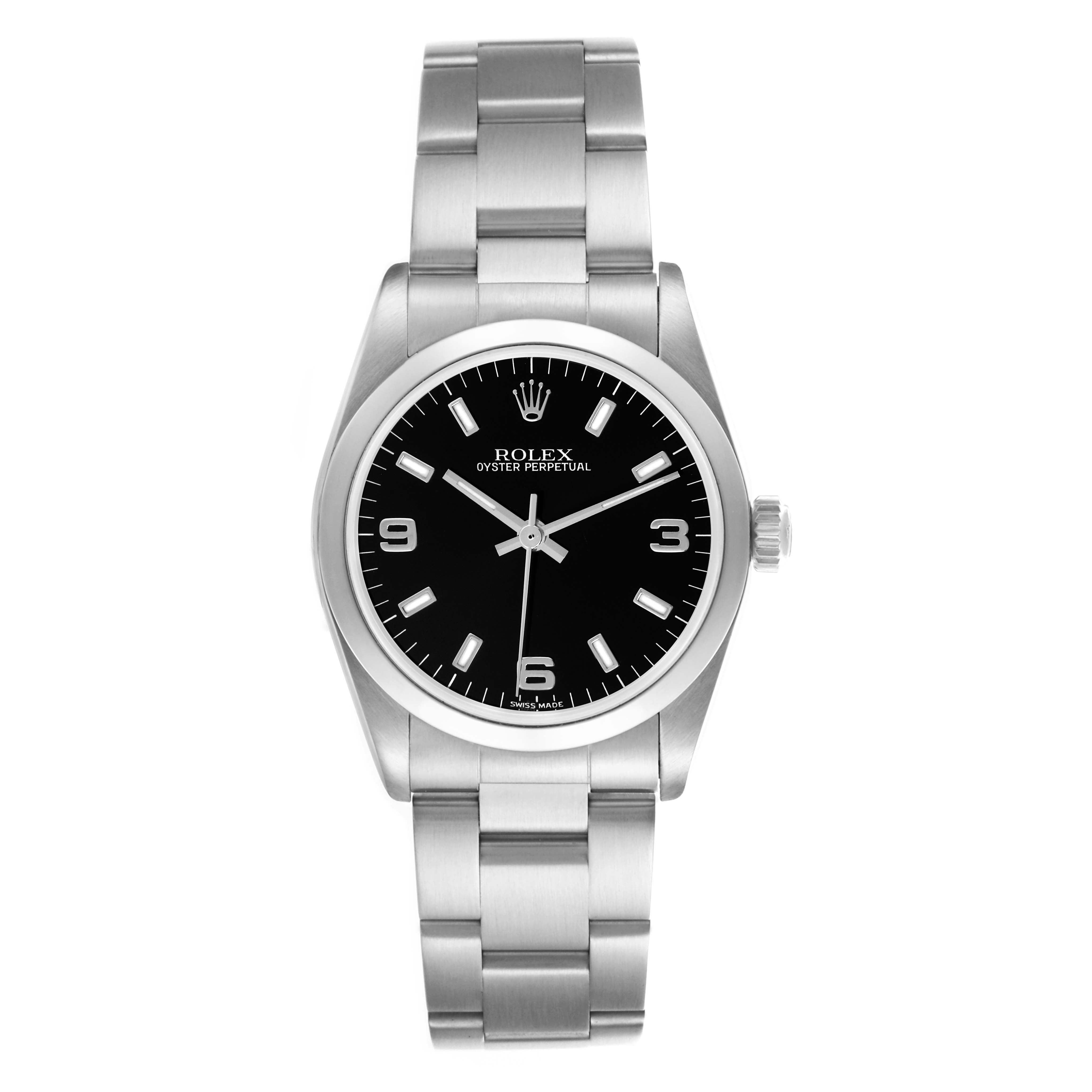 The Rolex Mid-Size 77080 Women's Stainless Steel Black Dial 77080 Women's Stainless Steel Black Dial watch is shown from a front angle, displaying the bracelet, case, and dial.