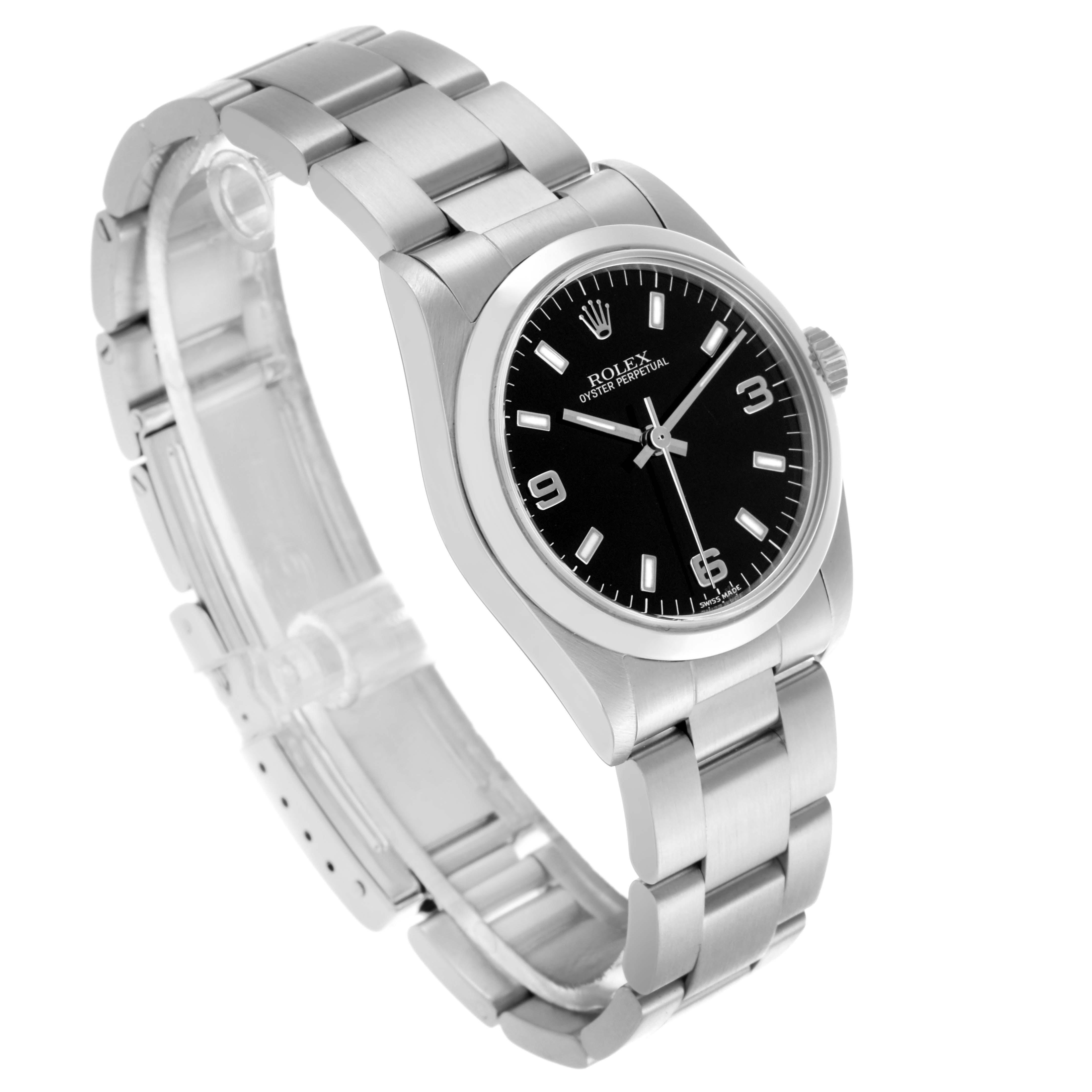 The Rolex Mid-Size 77080 Women's Stainless Steel Black Dial 77080 Women's Stainless Steel Black Dial watch is shown at a three-quarter angle, highlighting the black dial, bezel, and stainless steel bracelet.