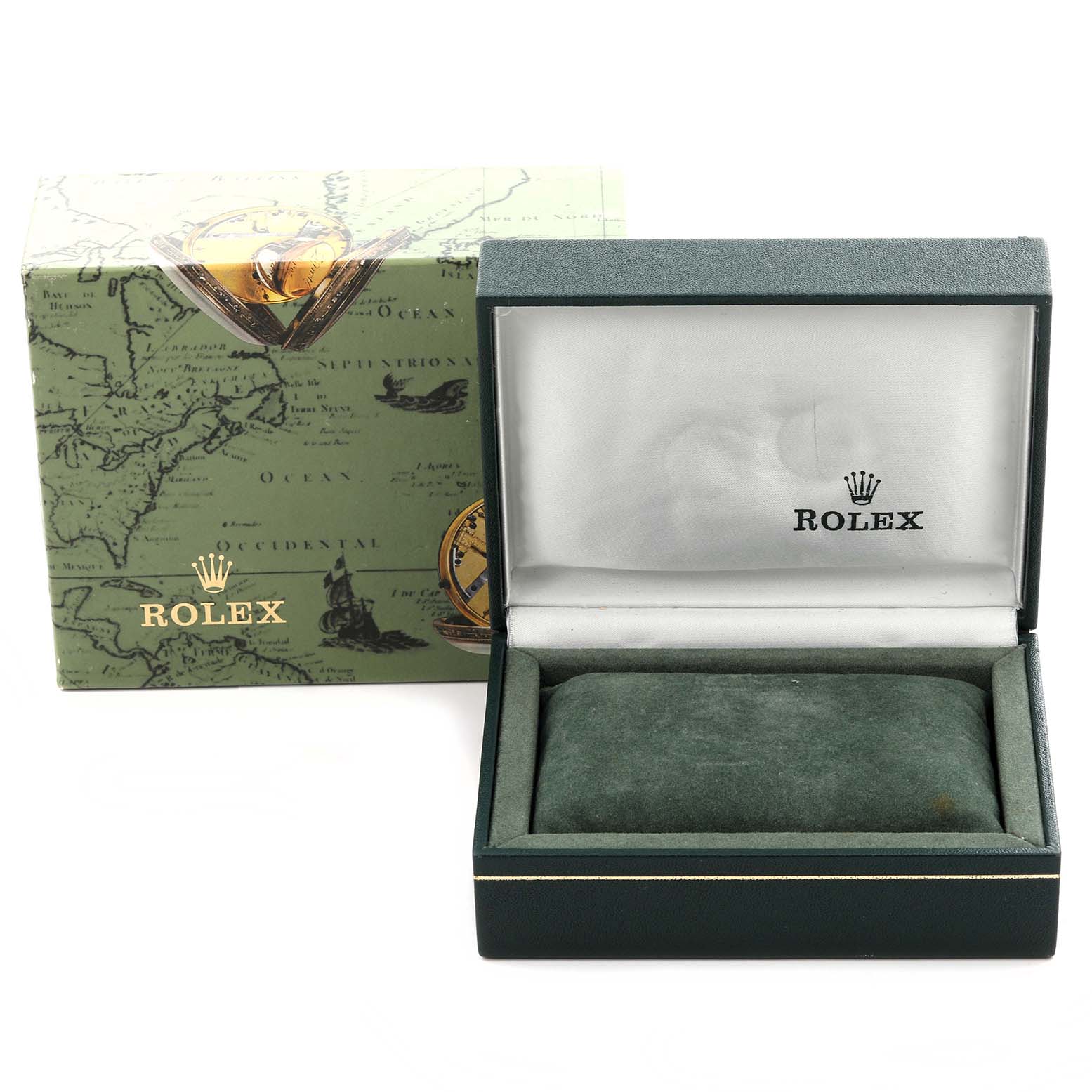 The image shows a Rolex Mid-Size 77080 Women's Stainless Steel Black Dial 77080 Women's Stainless Steel Black Dial watch box and outer packaging viewed from the front, open and empty.