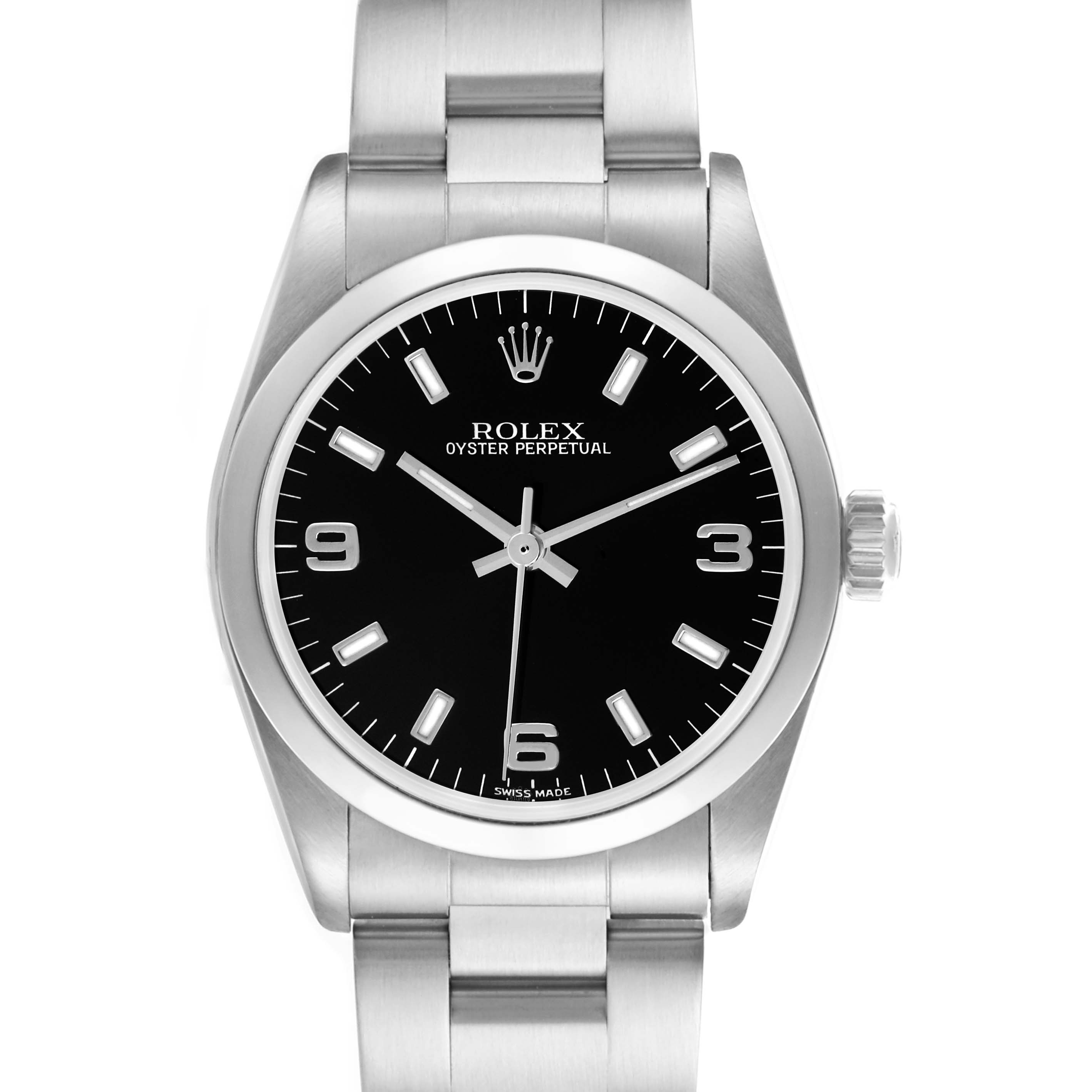 The Rolex Mid-Size 77080 Women's Stainless Steel Black Dial 77080 Women's Stainless Steel Black Dial model is shown from a front angle, highlighting the black dial, silver markers, and oyster bracelet.