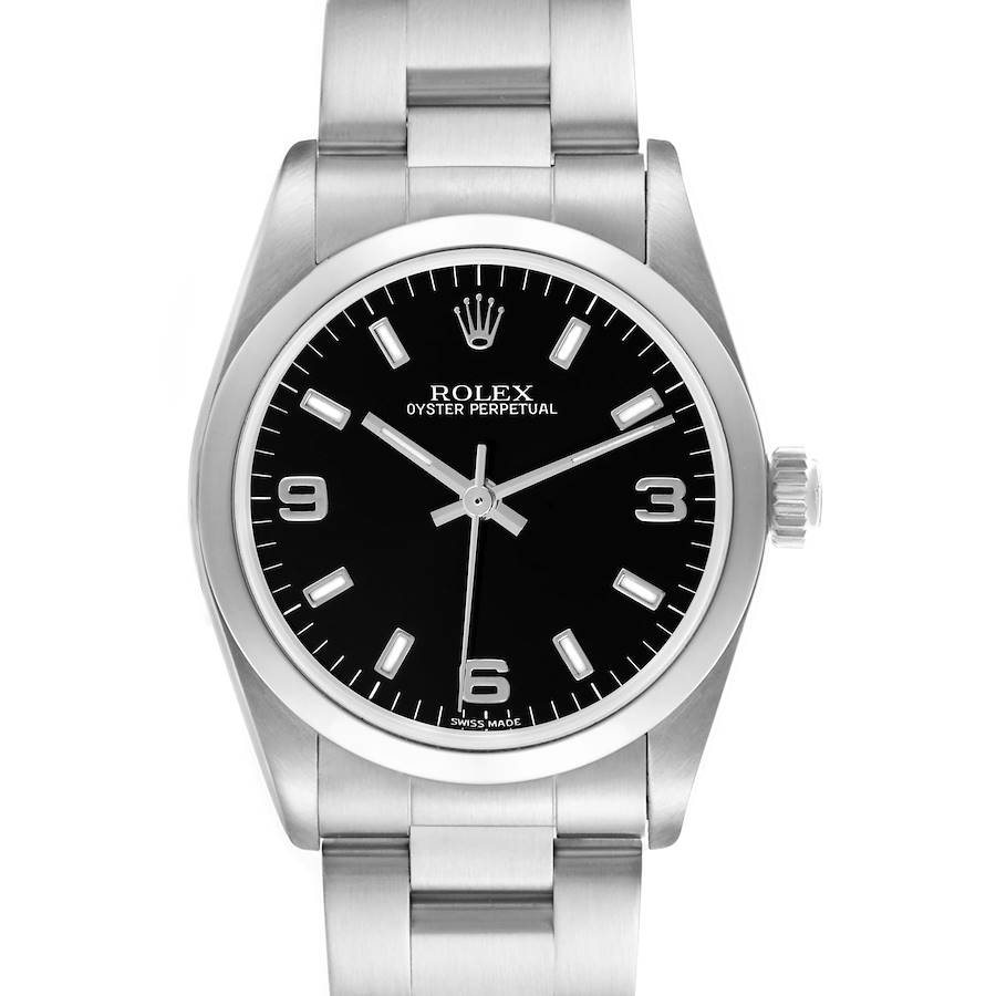 The Rolex Mid-Size model is shown from a front angle, highlighting the black dial, silver markers, and oyster bracelet.